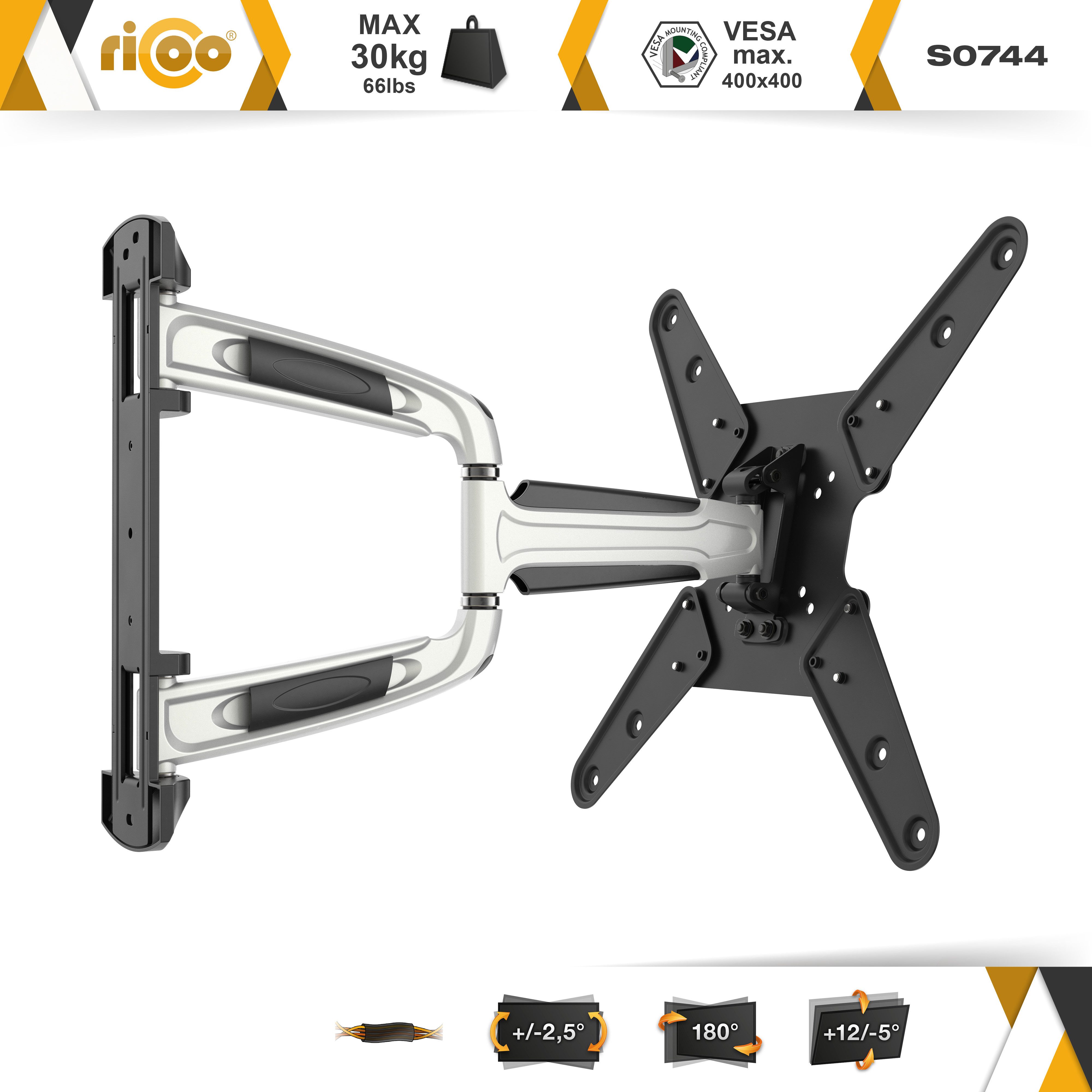 RICOO TV-Wandhalterung S0744, (bis 55 Zoll, VESA bis 400x400, 1-tlg., schwenkbar neigbar ausziehbar Fernseher Halter universal VESA 400x400)