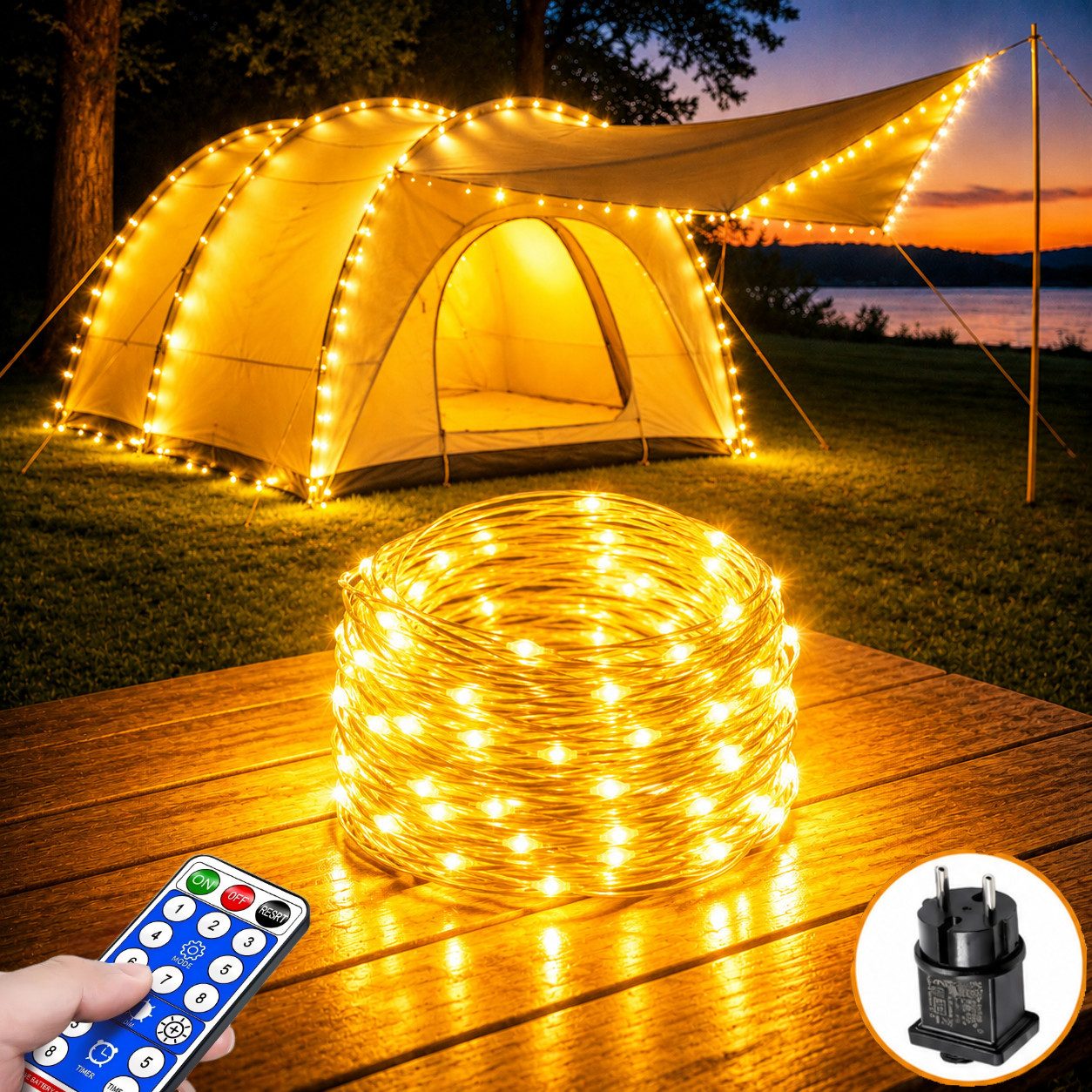 LED-Lichterkette Außen 12m mit Stecker und Fernbedienung, 100 LEDs Warmweiß