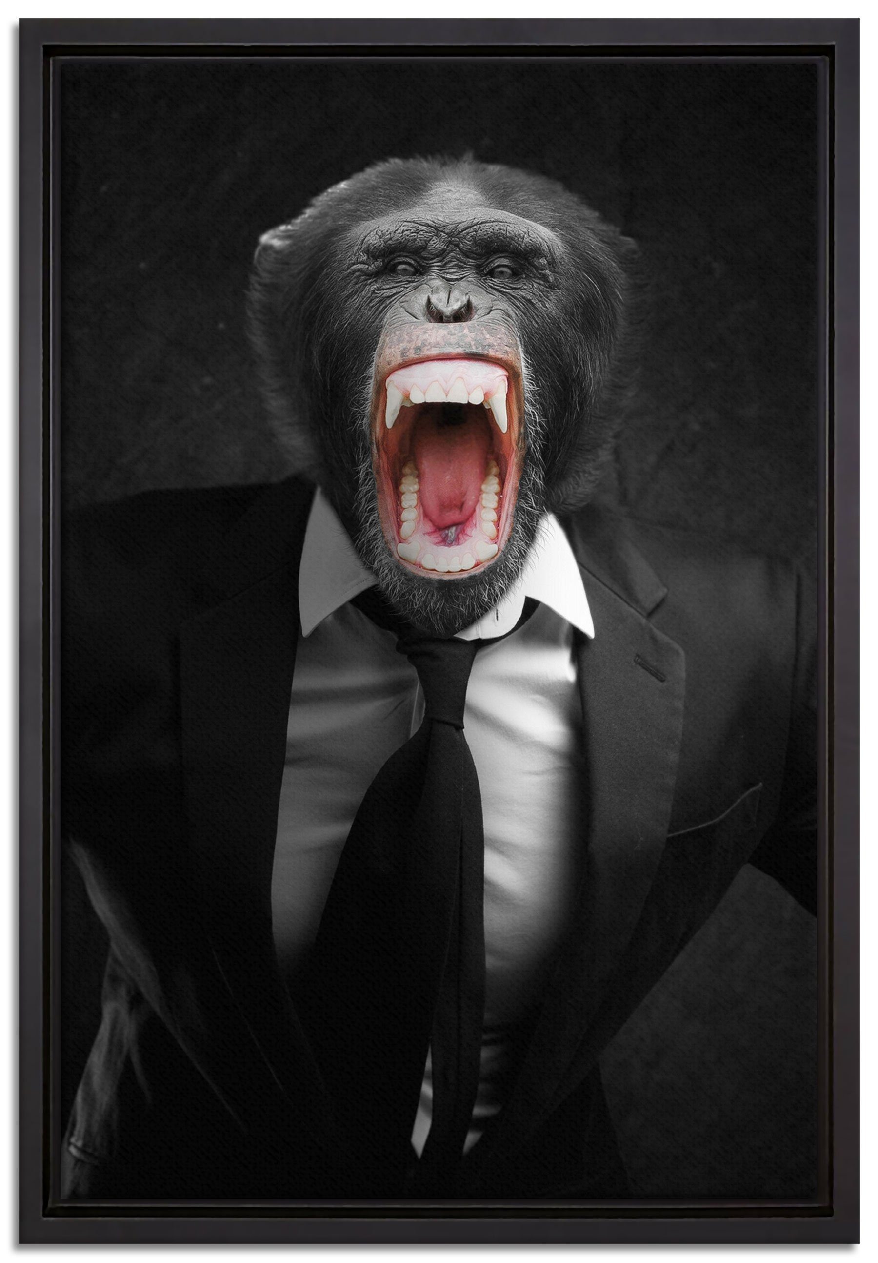 Pixxprint Leinwandbild brüllender Affe im Anzug, Wanddekoration (1 St), Leinwandbild fertig bespannt, in einem Schattenfugen-Bilderrahmen gefasst, inkl. Zackenaufhänger