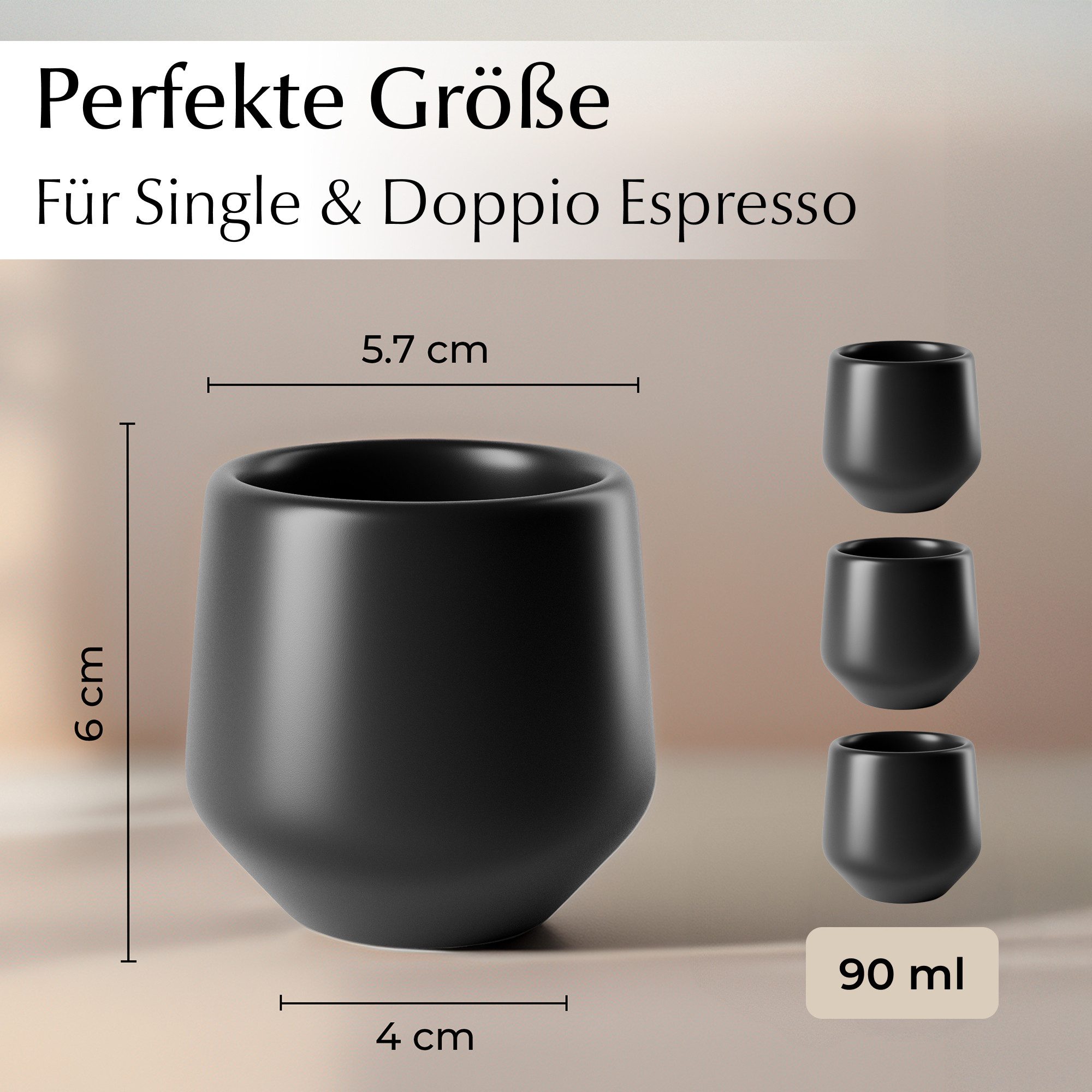 MiaMio Espressotasse Luxe ohne Henkel, 90 ml, Schwarz, 4-tlg., Keramik, Ristretto & Doppio, dickwandig, modern