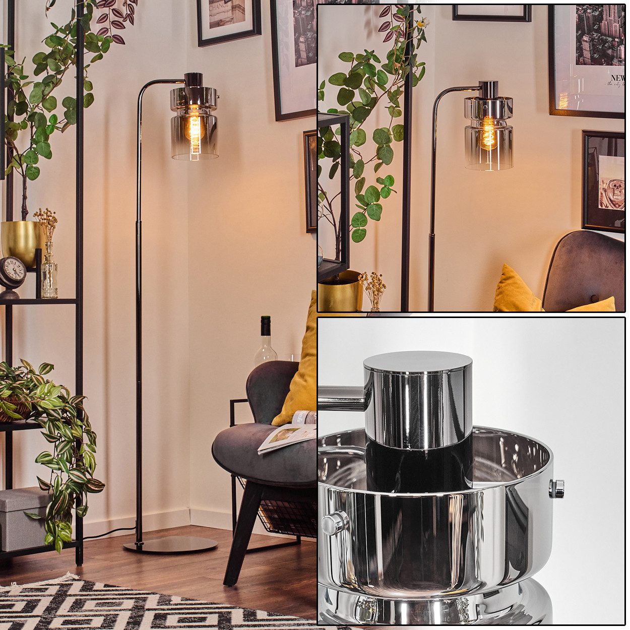 Stehlampe Stehlampe aus Metall/Glas in Schwarz/Chrom/Rauch/Klar mit Fußschalter