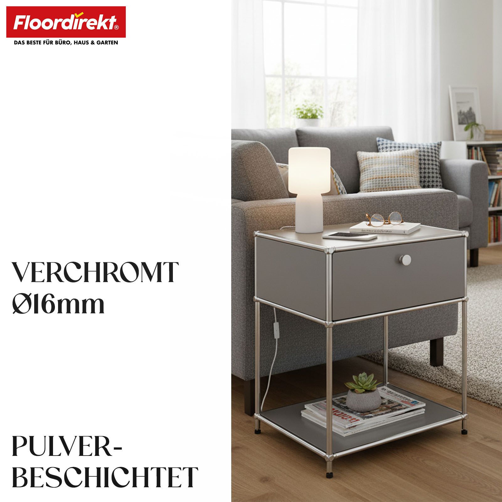Floordirekt Beistelltisch Concept Epure MK-139, B50 × T40 × H65 cm, verschließbare Schublade (modular, kratzfeste Pulverbeschichtung), Beistellregal mit verchromtem Metallgestell, höhenverstellbare Füße