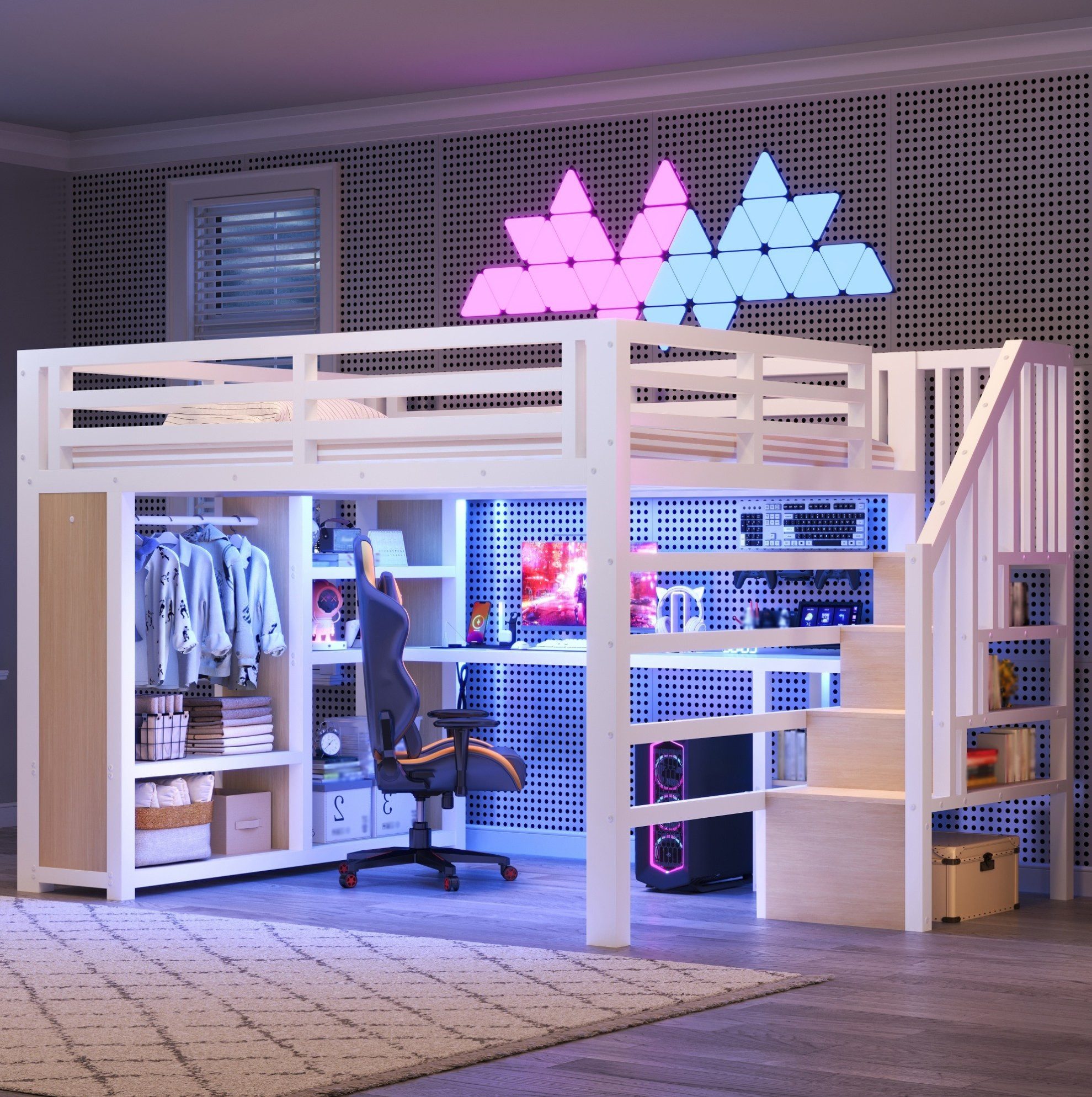 MODFU Hochbett Jugendzimmer Möbel mit Treppe Kleiderschrank und Fächern (Packung, 2-St., 140×200 cm Spielbett Weiß aus Metall mit LED Beleuchtung) Bett mit integriertem Schreibtisch und USB Ladefunktion,mit Matratze
