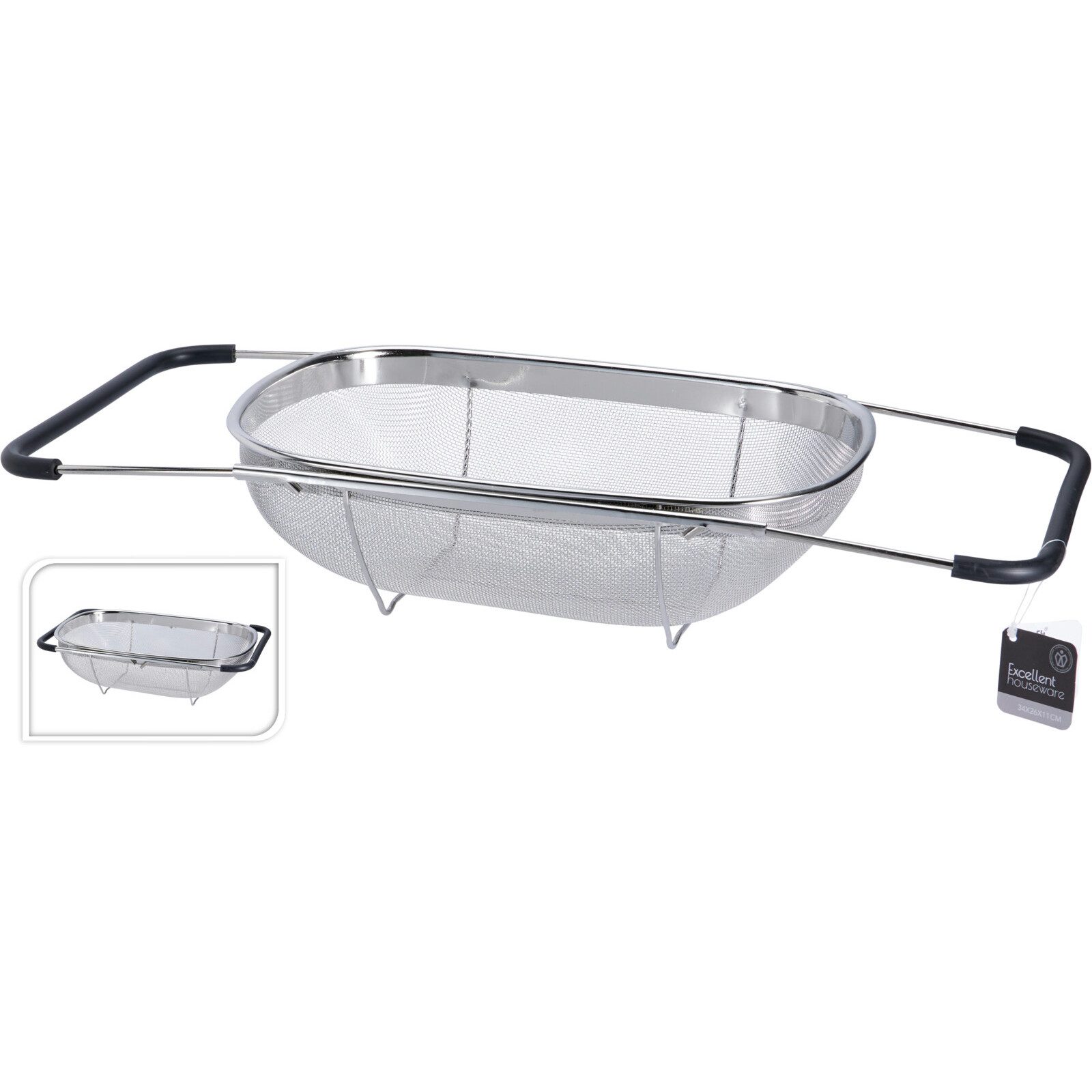 Koopman Küchensieb Spülbeckensieb Nudelsieb 36x24cm Edelstahl Ausziehbar, Edelstahl, (1-St), verstellbar von 36-56cm, gummierte Griffe, Rostfrei, Praktisch