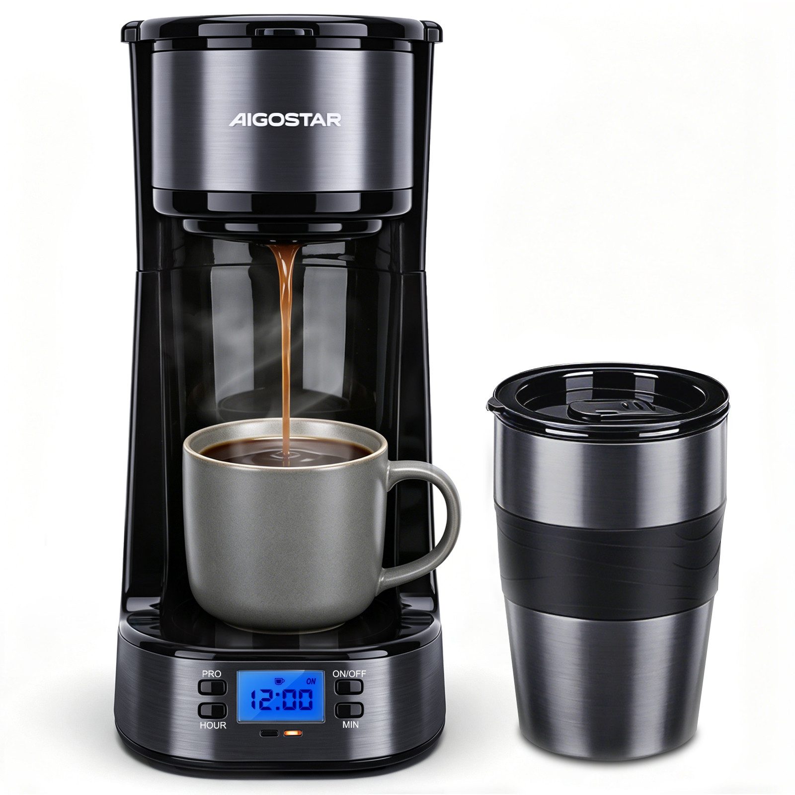 Aigostar Filterkaffeemaschine Kaffeemaschine mit Thermobecher 420ml, Abnehmbarer Filter, 750W, Mit 24h-Timer, LCD-Anzeige, AutoClean-Funktion