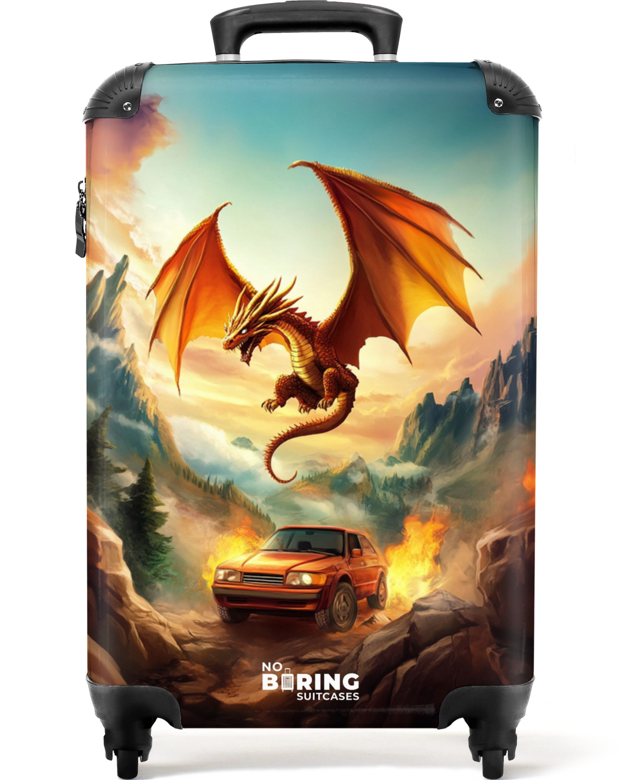 NoBoringSuitcases.com© Kinderkoffer Fliegender Drache über feuriger Bergstraße 55x35x20cm, Handgepäck Koffer, Hartschalenkoffer Kinder, Reisekoffer Jungen