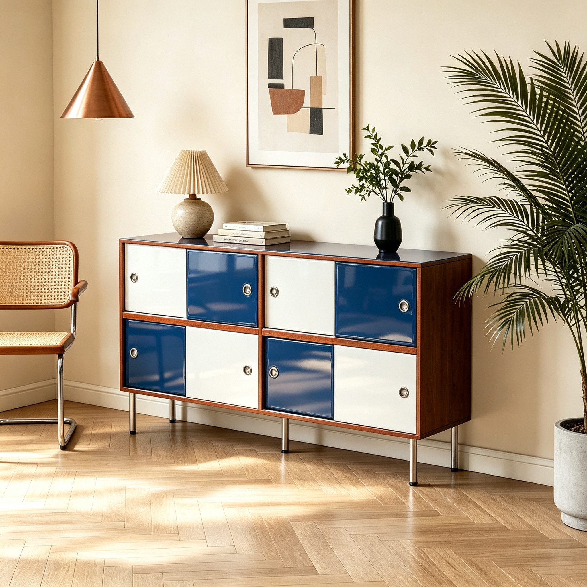 FUFU&GAGA Sideboard 140-160cm mit Schiebetüren, Mid-Century Kommode Walnuss/Blau/Weiß