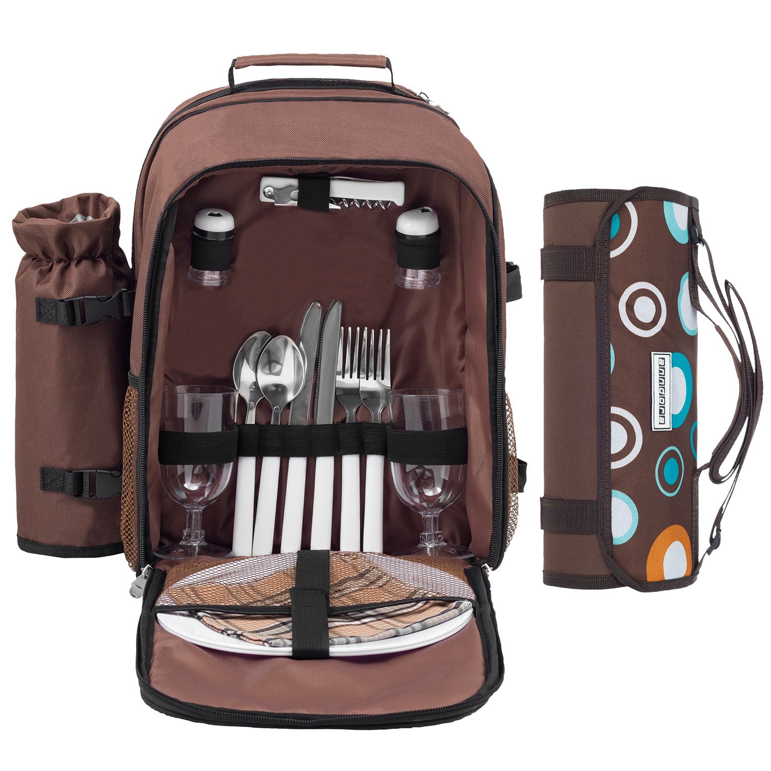 anndora Picknickkorb Picknickrucksack + Zubehör 15 teilig für 2 Personen, für 2 Personen - mit isoliertem Hauptfach - mit Picknickdecke