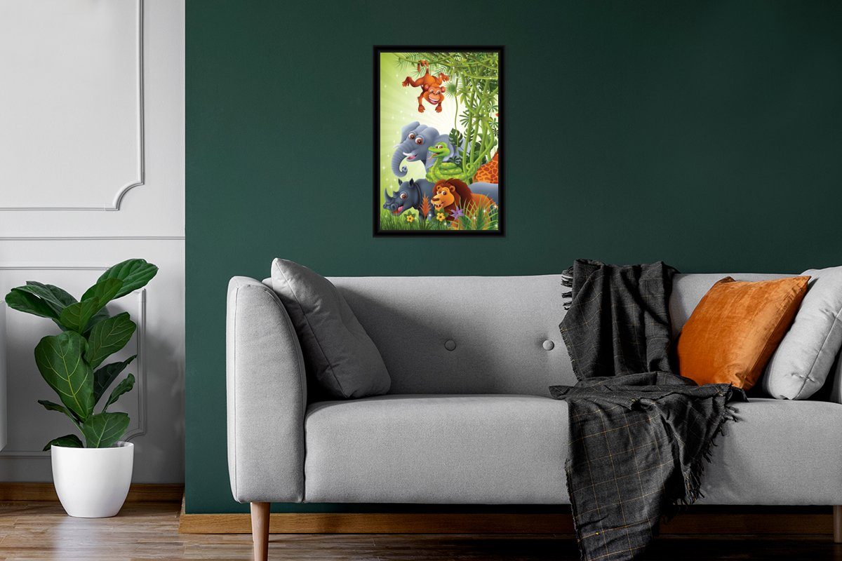 - Elefant Dschungeltiere Poster, Bilderrahmen (1 St), Kinder - Löwe, - Gerahmtes - MuchoWow Giraffe Wanddeko, Wandposter, Poster Bilder, - Schwarzem Pflanzen