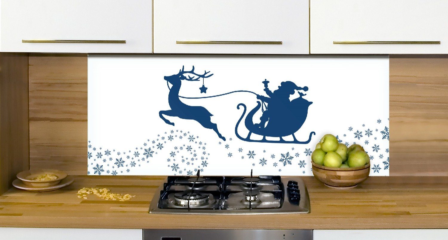 Küchenrückwand Wallario Schlitten Rentier, seinem Weihnachtsmann mit (1-tlg) auf