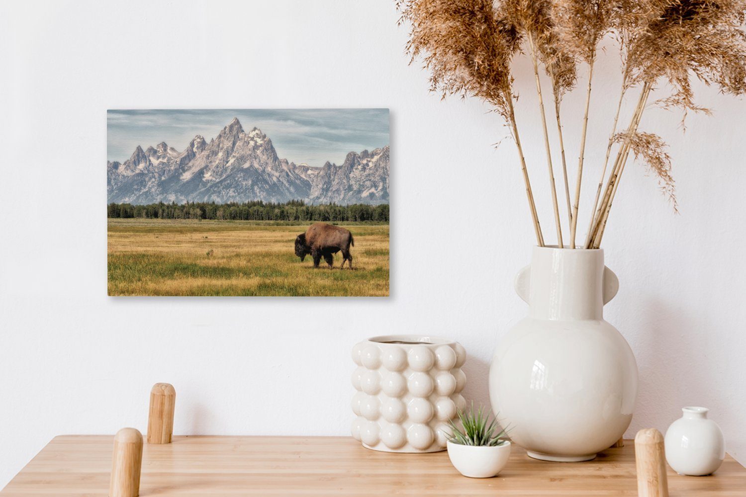 Ein Teton OneMillionCanvasses® St), wilder cm in Grasen Leinwandbild Leinwandbilder, den beim 30x20 Grand Bison des National, Wandbild Aufhängefertig, (1 Wanddeko, Ebenen