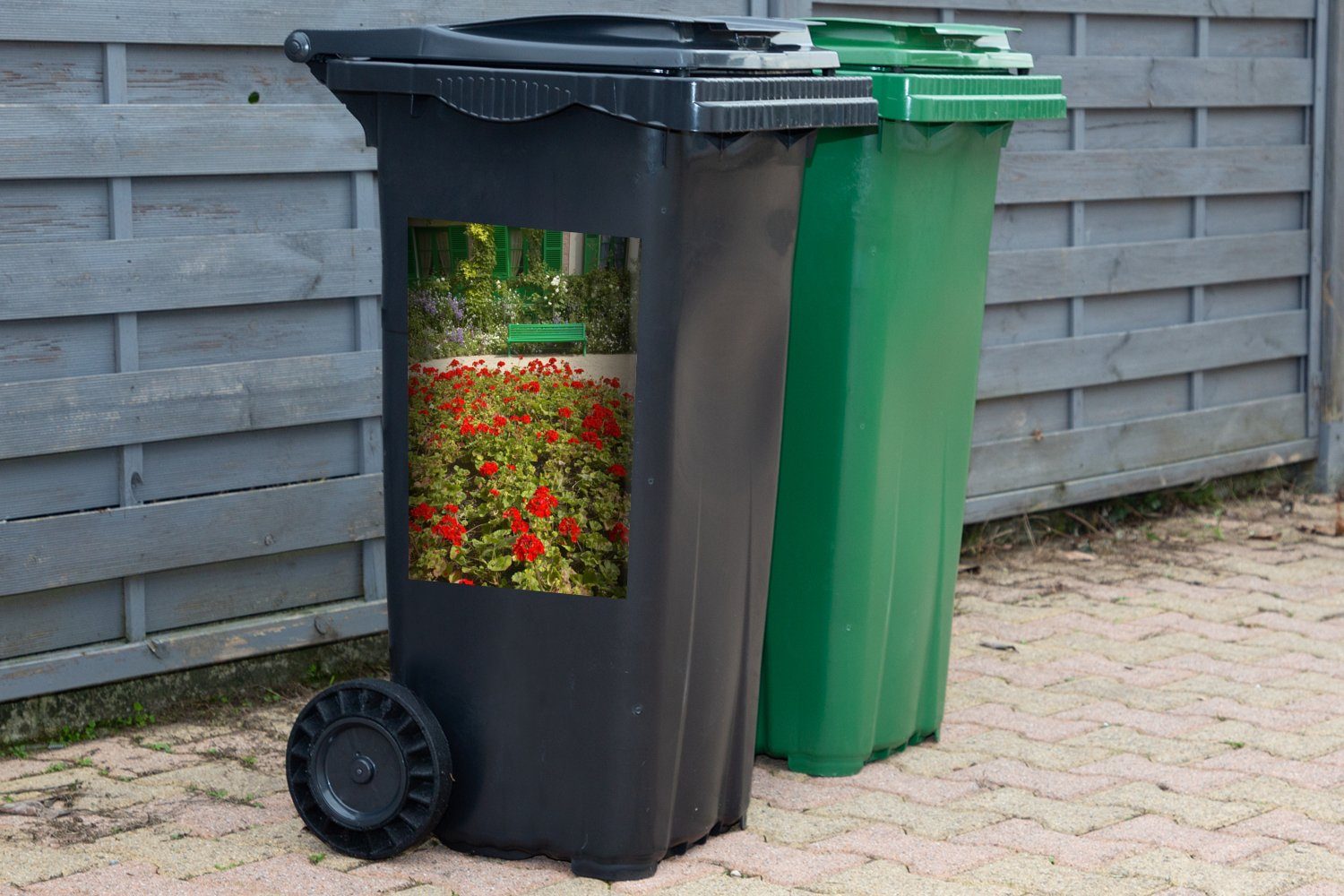Mülltonne, mit Blumen Monet Container, Garten MuchoWow französischen (1 von Wandsticker Mülleimer-aufkleber, Abfalbehälter in Bank Europa im Sticker, St),