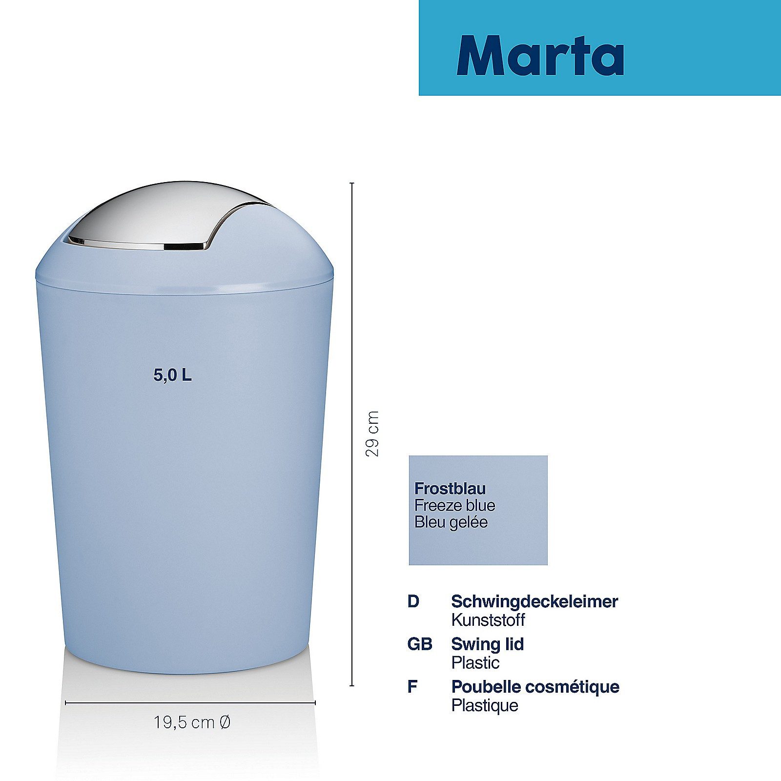 kela Kosmetikeimer Marta, 5 Liter, Schwingdeckeleimer, Deckel abnehmbar, matte Optik, Kunststoff