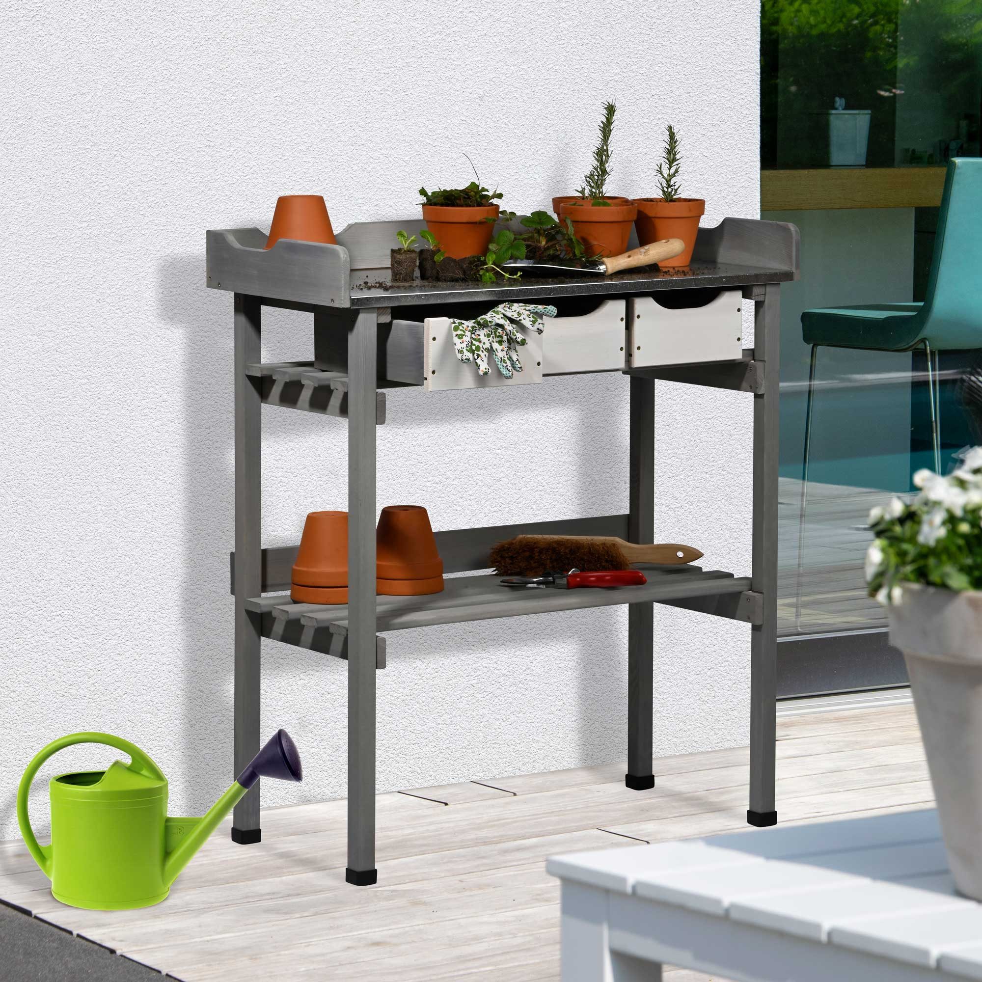 dobar Pflanztisch mit 3 Schubladen, Grau-Weiß