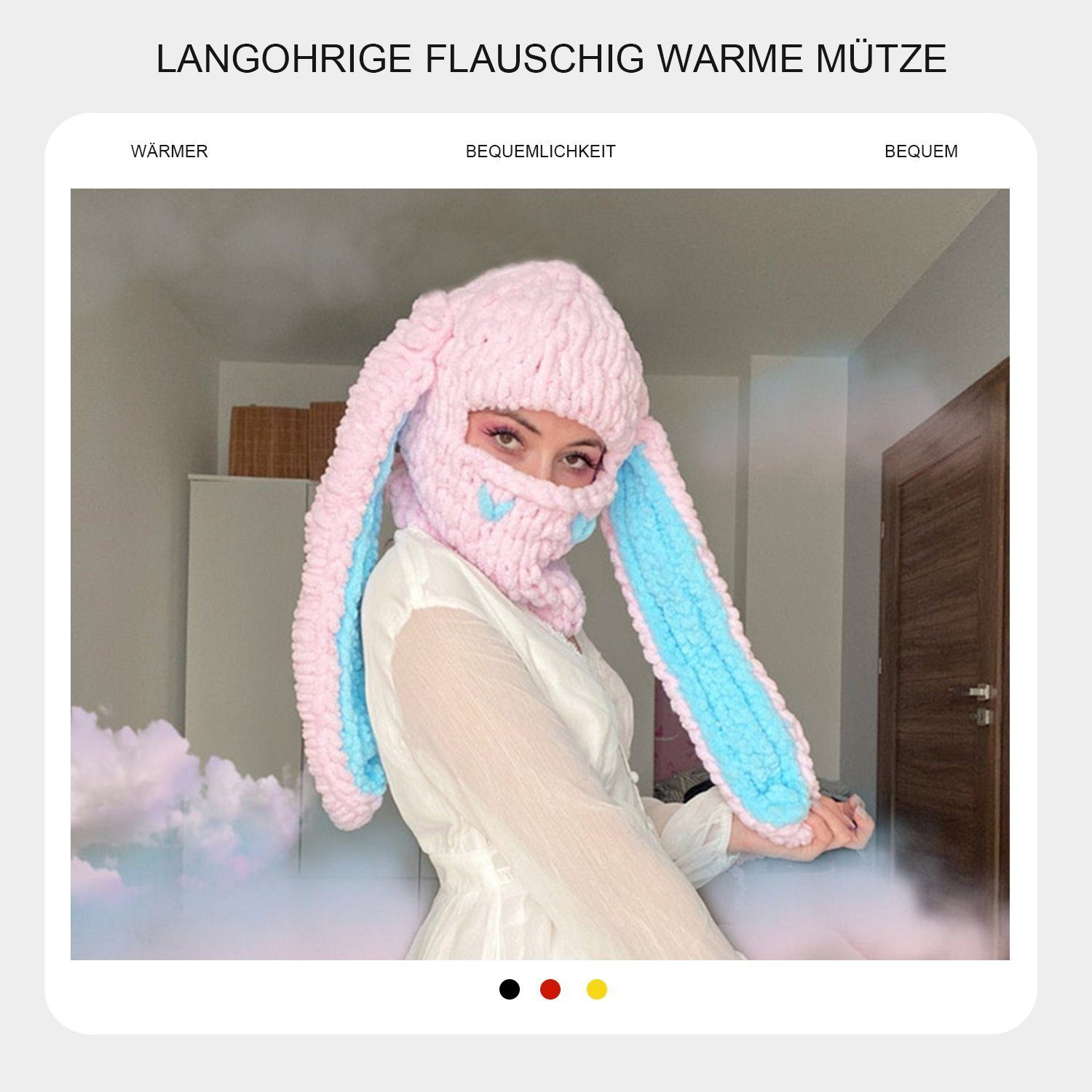 MAGICSHE Strickmütze Damen rosa Lange Kapuze Sturmhaube 2-in-1 Hasenohren