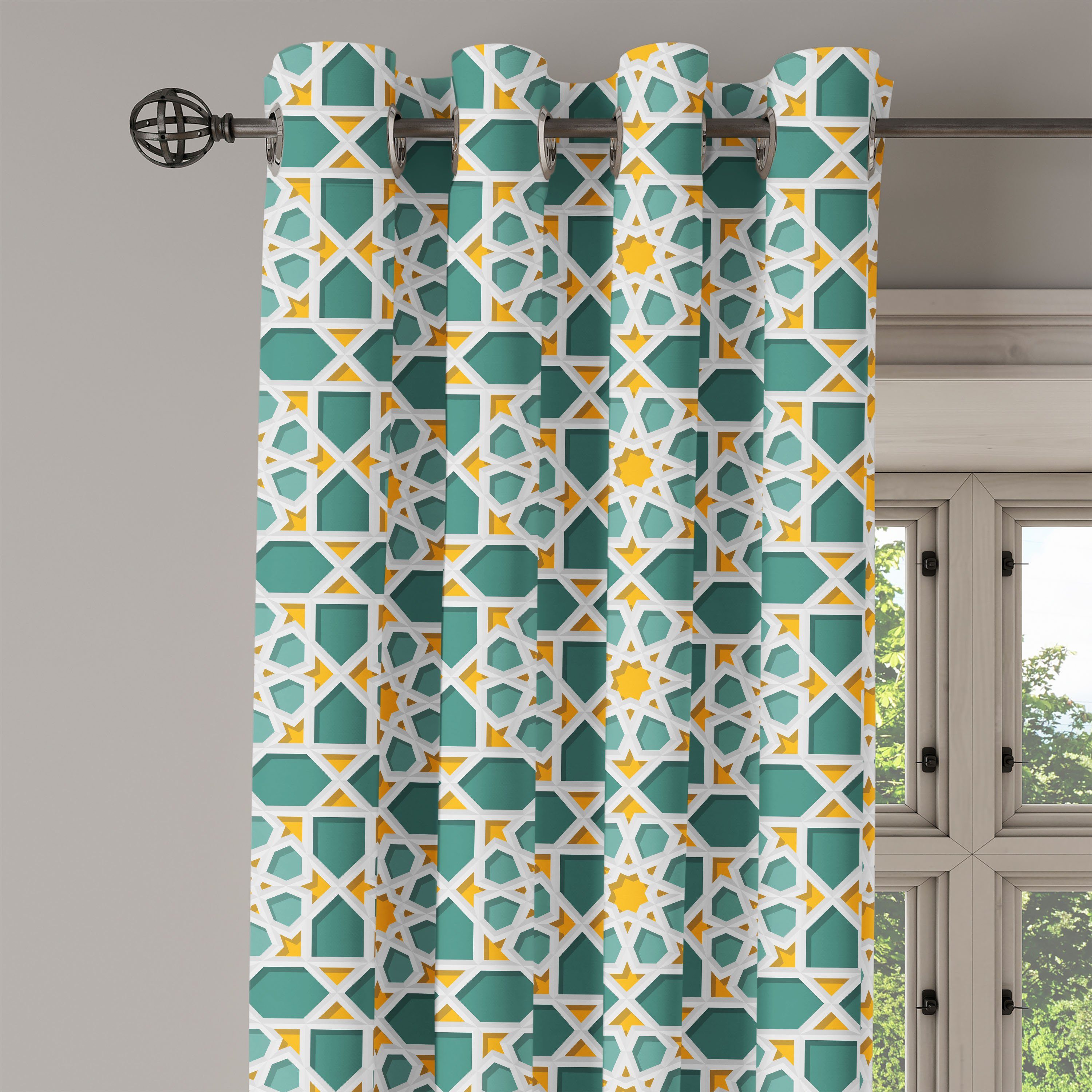 Marokkanische Schlafzimmer Gardine Wohnzimmer, Abakuhaus, Dekorative Stern-Verzierung Teal für 2-Panel-Fenstervorhänge