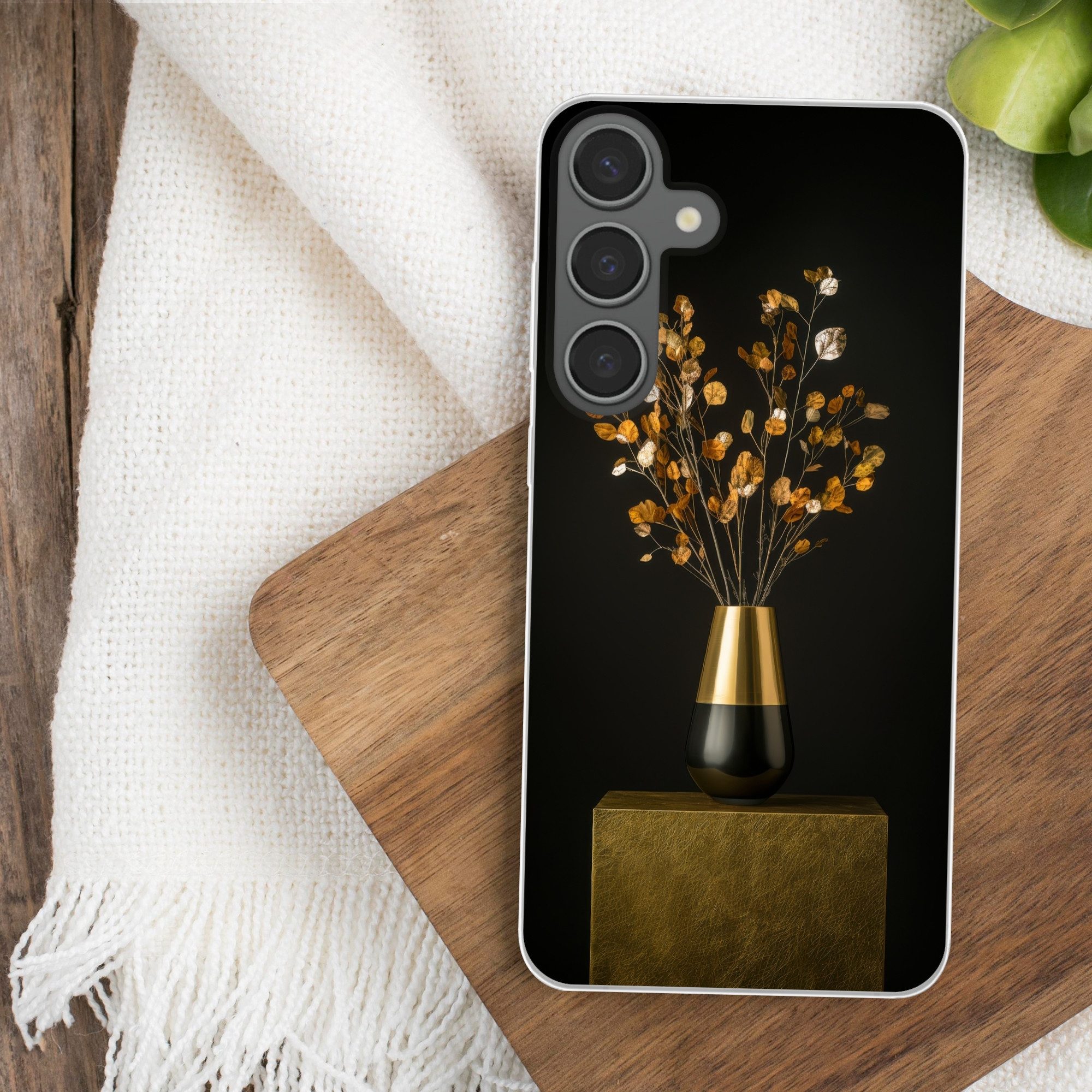 MuchoWow Handyhülle für Samsung Galaxy S24 Plus Goldbraun - Blätter - Vase - Herbstlich, Phone Case, Silikon, Schutzhülle Dünn