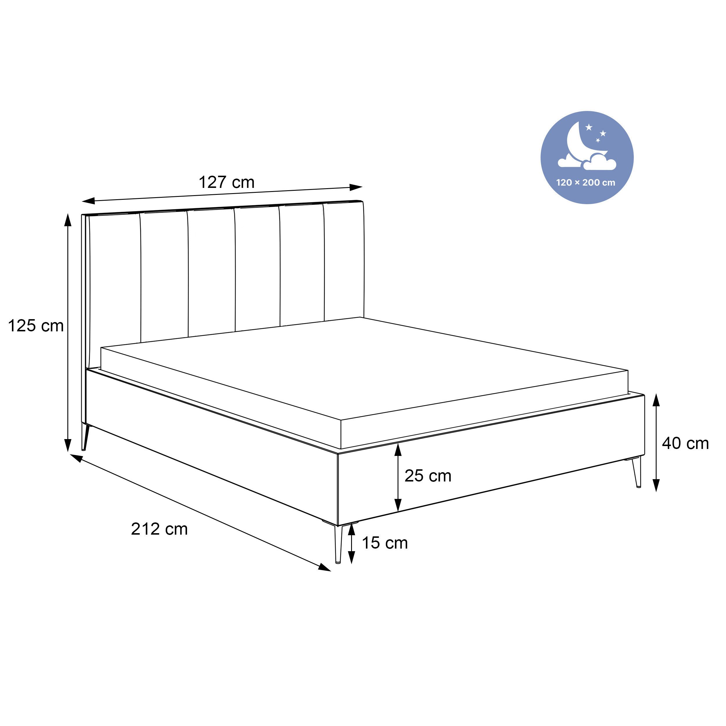 Goldstoff Polsterbett Modernes Bett "GERMAIN" mit hohem Kopfteil und integriertem Bettkasten (120–200x200 cm, Kopfteilhöhe: 90/110 cm, Seitenhöhe: 25/40 cm), Elegantes Bett mit Stauraum und wählbarer Kopfteilhöhe