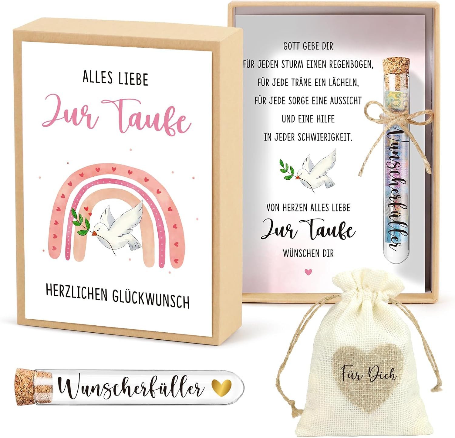 Wiladu Spardose Taufe Geschenkbox Taufgeschenk Reagenzglas Jutesäckchen