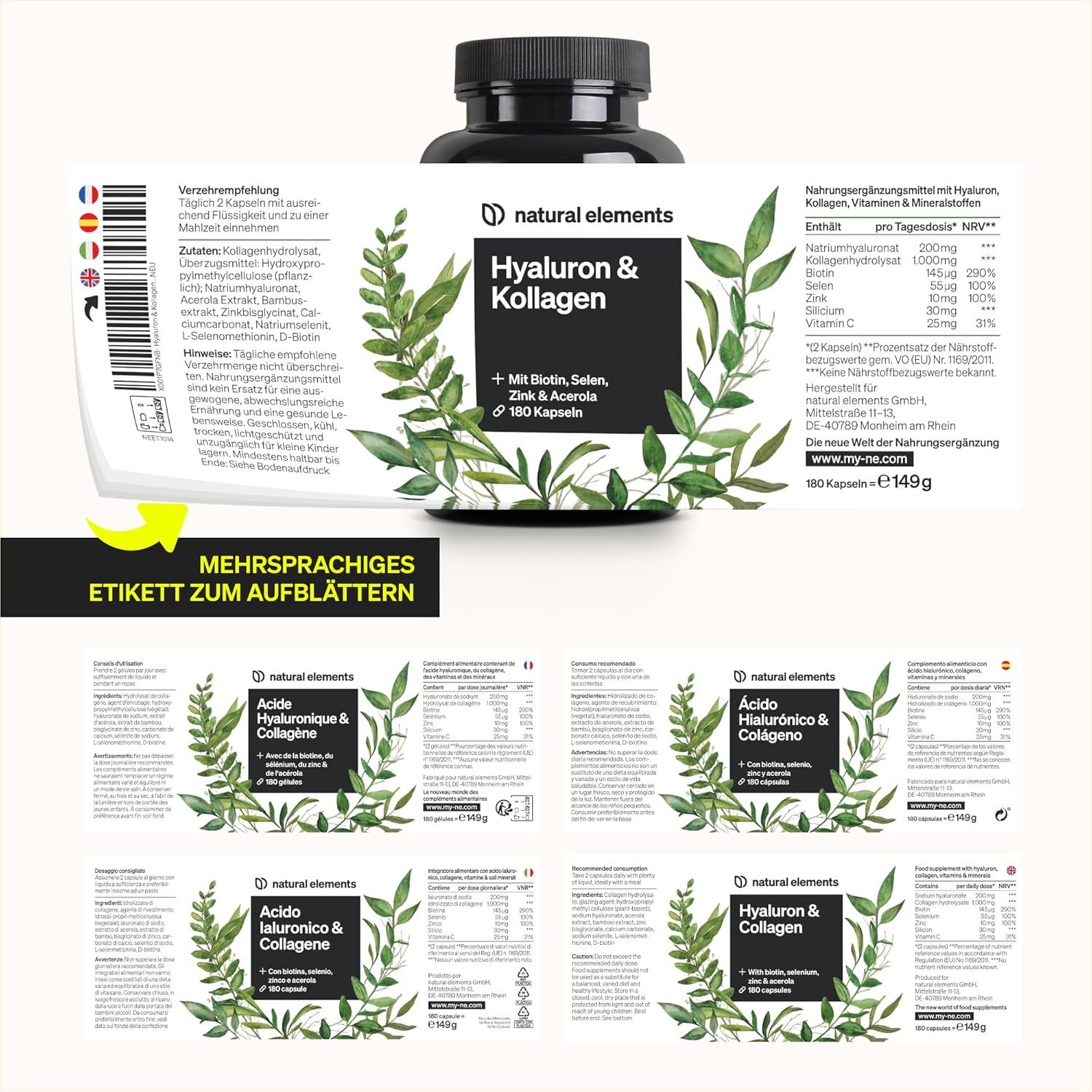 natural elements Hyaluronsäure Kollagen Komplex - 180 Kapseln Kapseln, 1 er zur Unterstützung von Haut, Haaren und Nägeln. à 180 St., 149 g, Laborgeprüft mit Biotin, Zink, Selen, Acerola-Vitamin C
