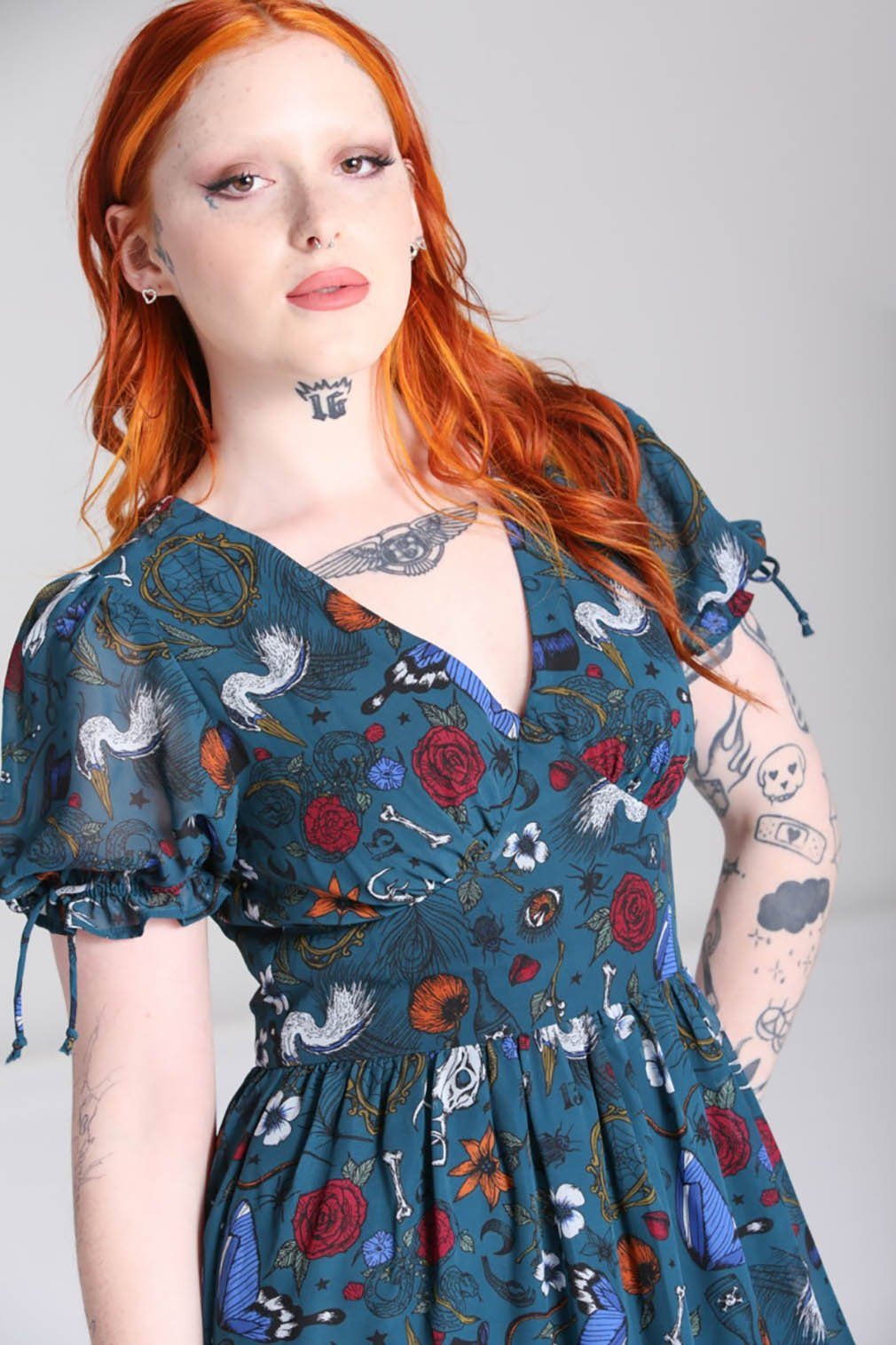 Hell Bunny A-Linien-Kleid Sianna Midi Dress Teal Vintage Retro Blumen Druck
