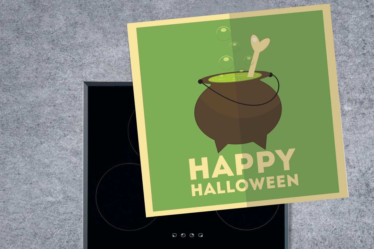 Ceranfeldabdeckung, Halloween" für Vinyl, (1 Arbeitsplatte auf Herdblende-/Abdeckplatte 78x78 mit tlg), einem Happy Knochen Hexenkessel cm, grünem, MuchoWow küche und