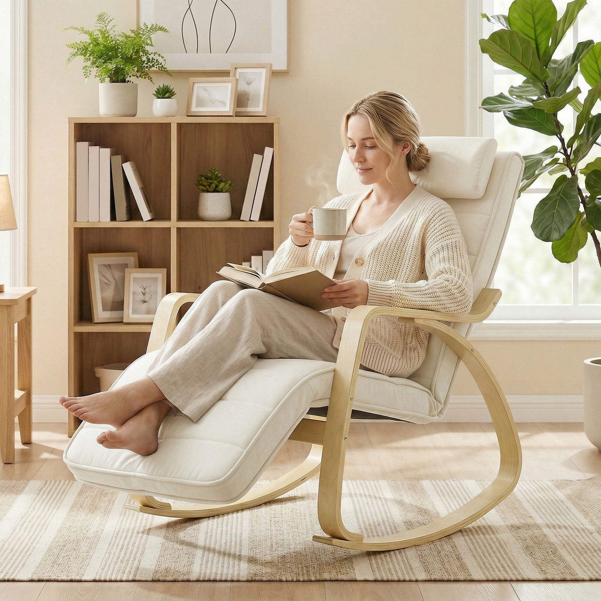 HOMCOM Schaukelstuhl Schaukelsessel mit Massagefunktion, Relaxstuhl mit Samtoptik (Lesesessel, 1 St), Schwingsessel für Wohnzimmer, Schlafzimmer, Cremeweiß
