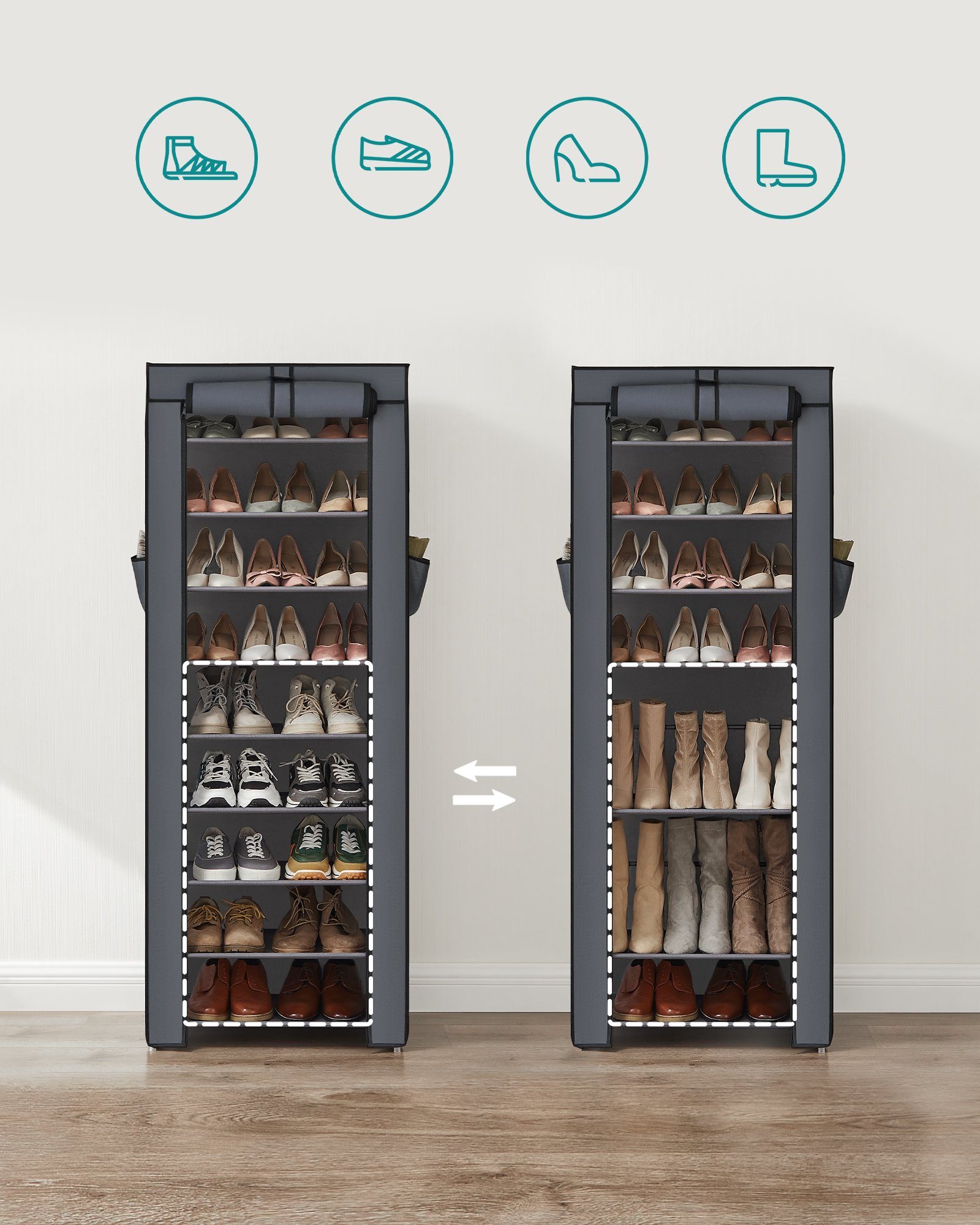 SONGMICS Stoffschrank Schicht staubdichtes, Schuhregal, Schuhschrank, Regale für ca. 27 paar Schuhe, mit Ablagen, geräumig, grau