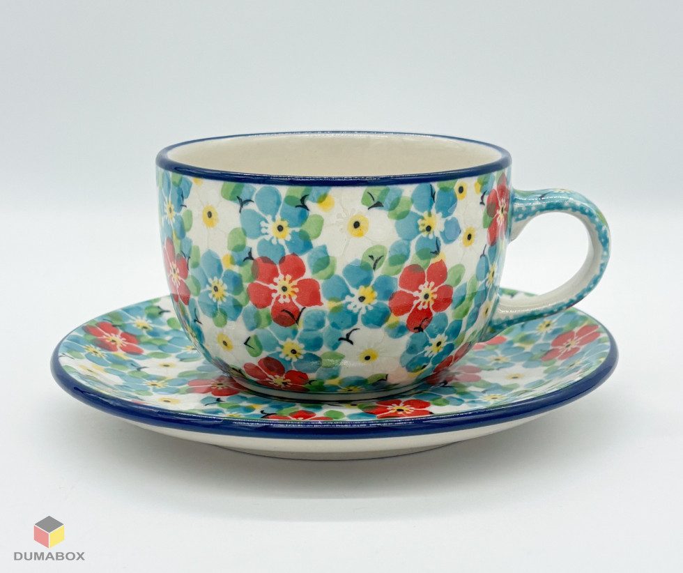 Ceramika Artystyczna Bolesławiec Tasse Handgefertigte Tasse mit Untertasse Bunzlauer Keramik