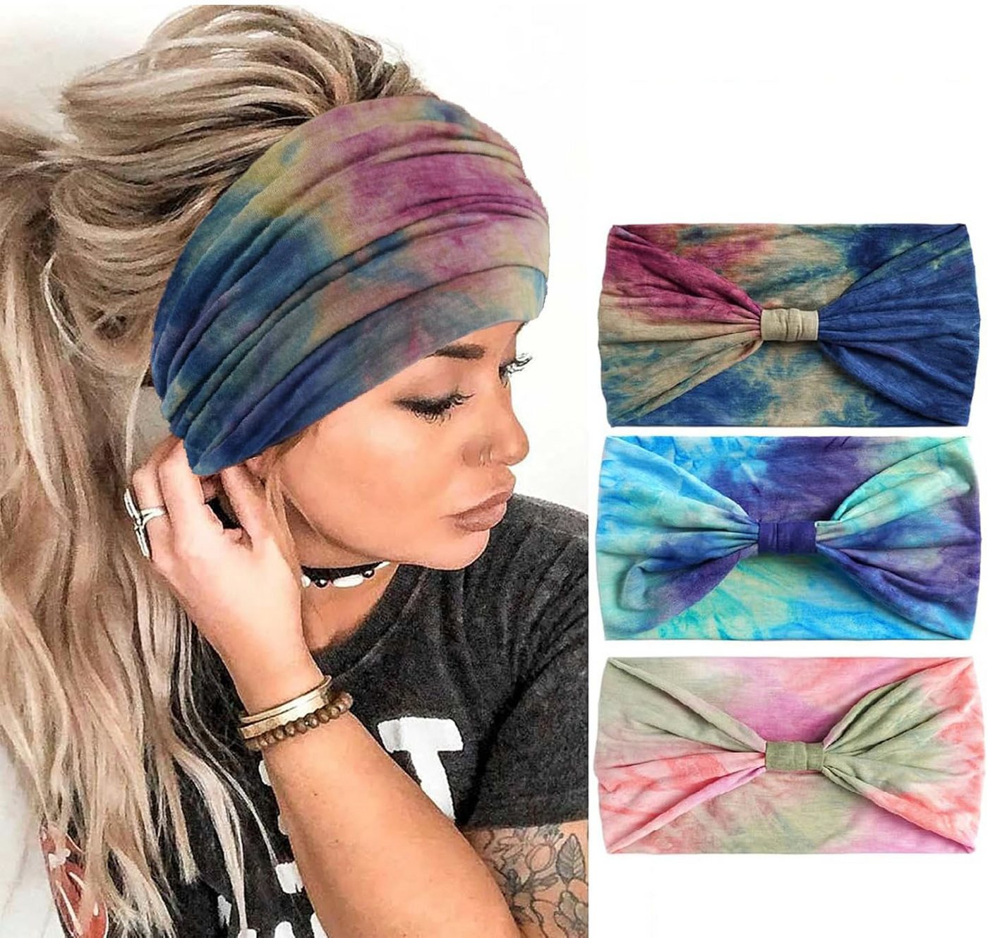 Zaewry Haargummi Boho-Breitstirnband für Damen, weiches turbanartiges Haarband, 3-tlg.