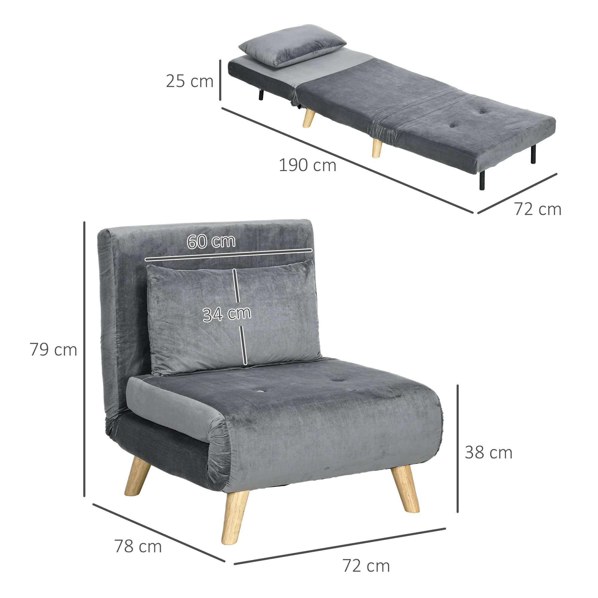 HOMCOM Schlafsofa Schlafsessel klappbar mit Bettfunktion, Gästebett in Leinenoptik, Klappsessel 1 Teile, für Wohnzimmer, Grau