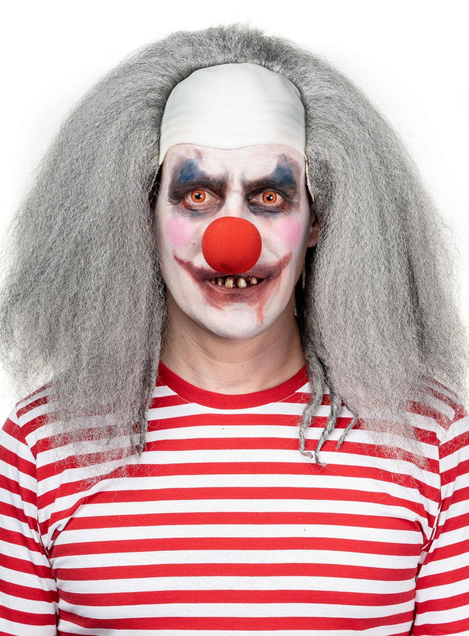 Metamorph Kostüm-Perücke Scary Horrorclown grau - Halloween Perücke, Langhaarige Clownsperücke mit Latexstirn