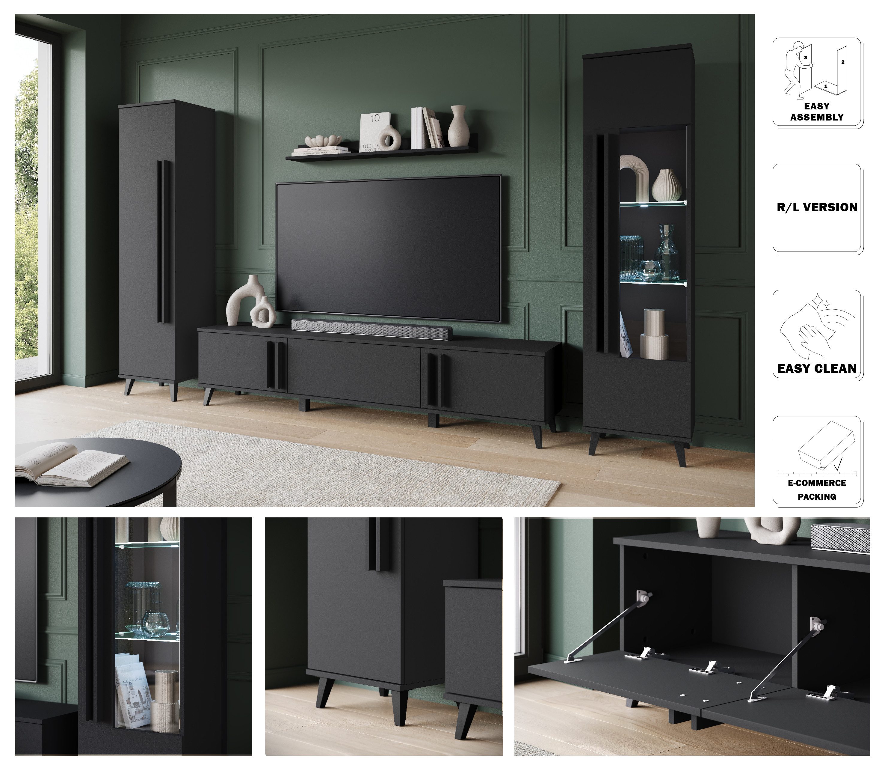 Home affaire Wohnwand Helsinki, Modernes Set mit verglaster Vitrine, (Komplett-Set, 4-St), mit lamellengriffen, verstellbaren Einlegeböden und Kunststofffüßen