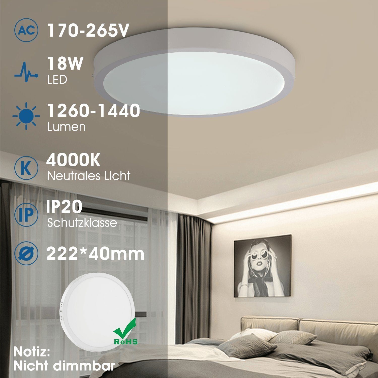 Schlafzimmer fest 170 Küche LETGOSPT Flur Tageslicht Ultra Dünn Aufputz Deckenleuchte Badezimmerlampe für mm W Deckenlampe IP44, 12 Lampe Leuchte LED integriert, / LED Wohnzimmer Kaltweiß, 6W-24W,