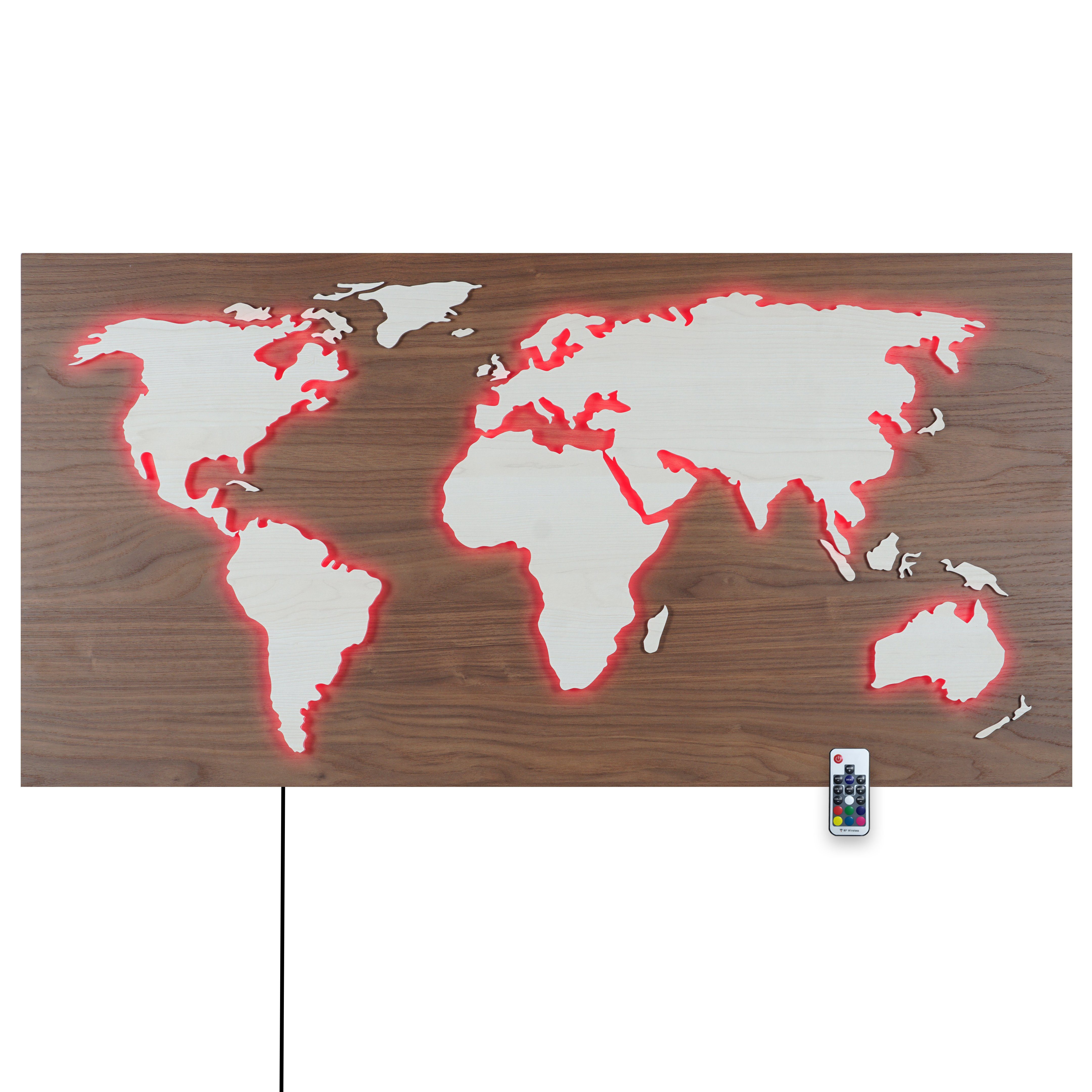 Kontinente über LEDs mit Länder MAPPA 3D-Lichtbild, HOLZ-Optik Rückplatte 110x57cm umleuchtet LUX Weiss Braun, Rustikale Wanddekoobjekt Deko bunt Weltkarte ZENLED Ahorn Walnuss steuerbaren Fernbedienung - RGB