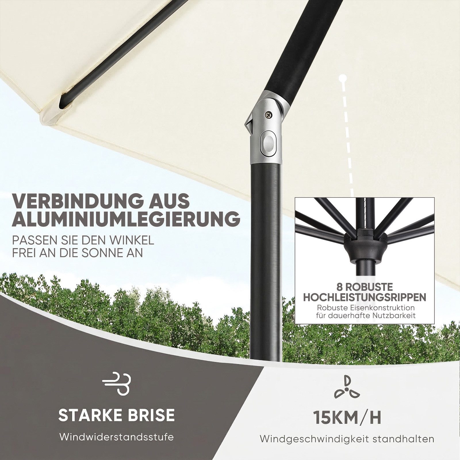 Sekey Sonnenschirm 3m Marktschirm mit Kurbel, Gartenschirm, 8 Streben, Sonnenschutz 50+, LxB: 300,00x300,00 cm, mit/ohne LED-Lichtern, Terrassenschirm Rund