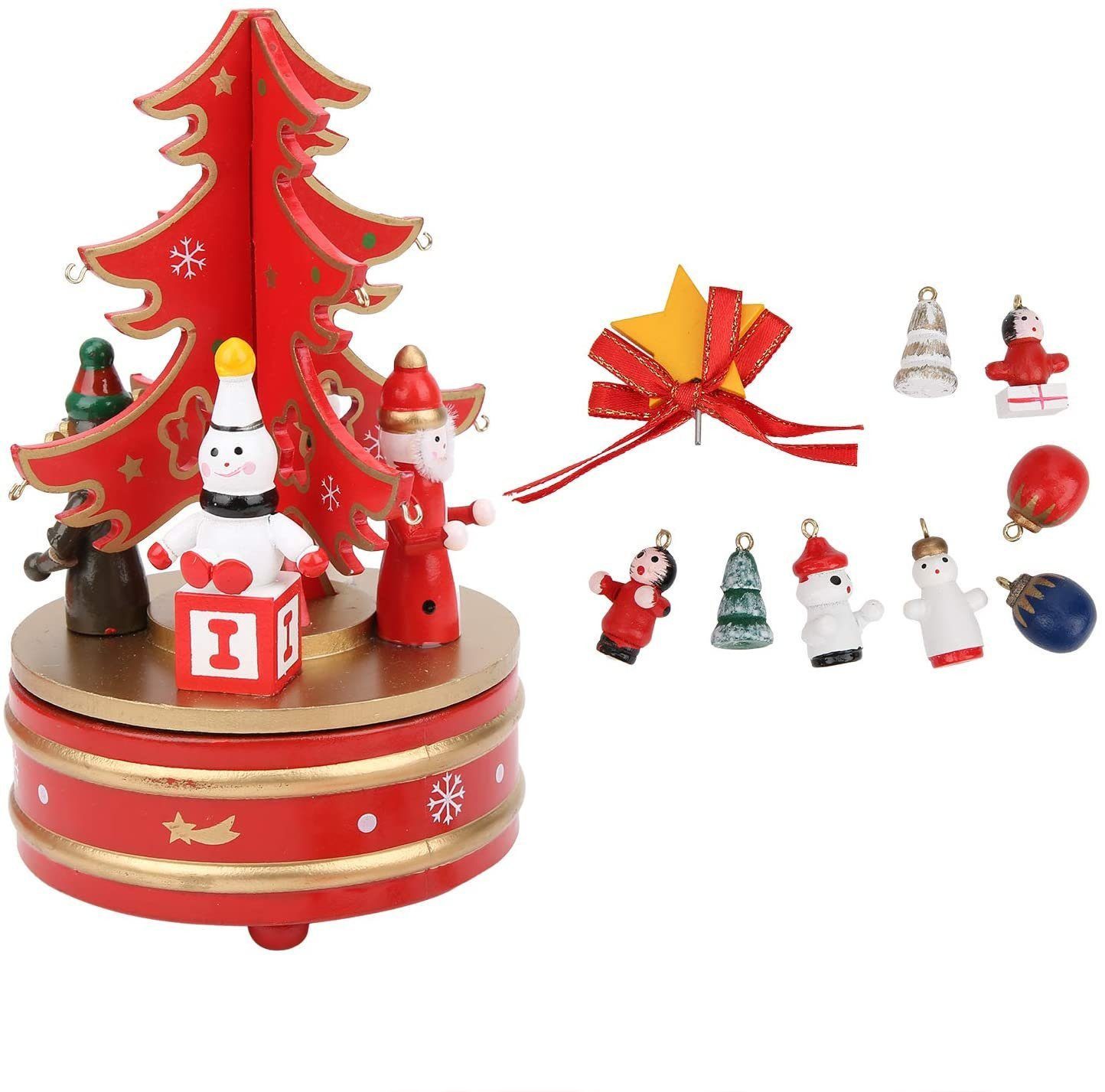 Gontence Spieluhr Weihnachten Holzspieluhr, Schneemann-Ornament-Sternbogendekoration