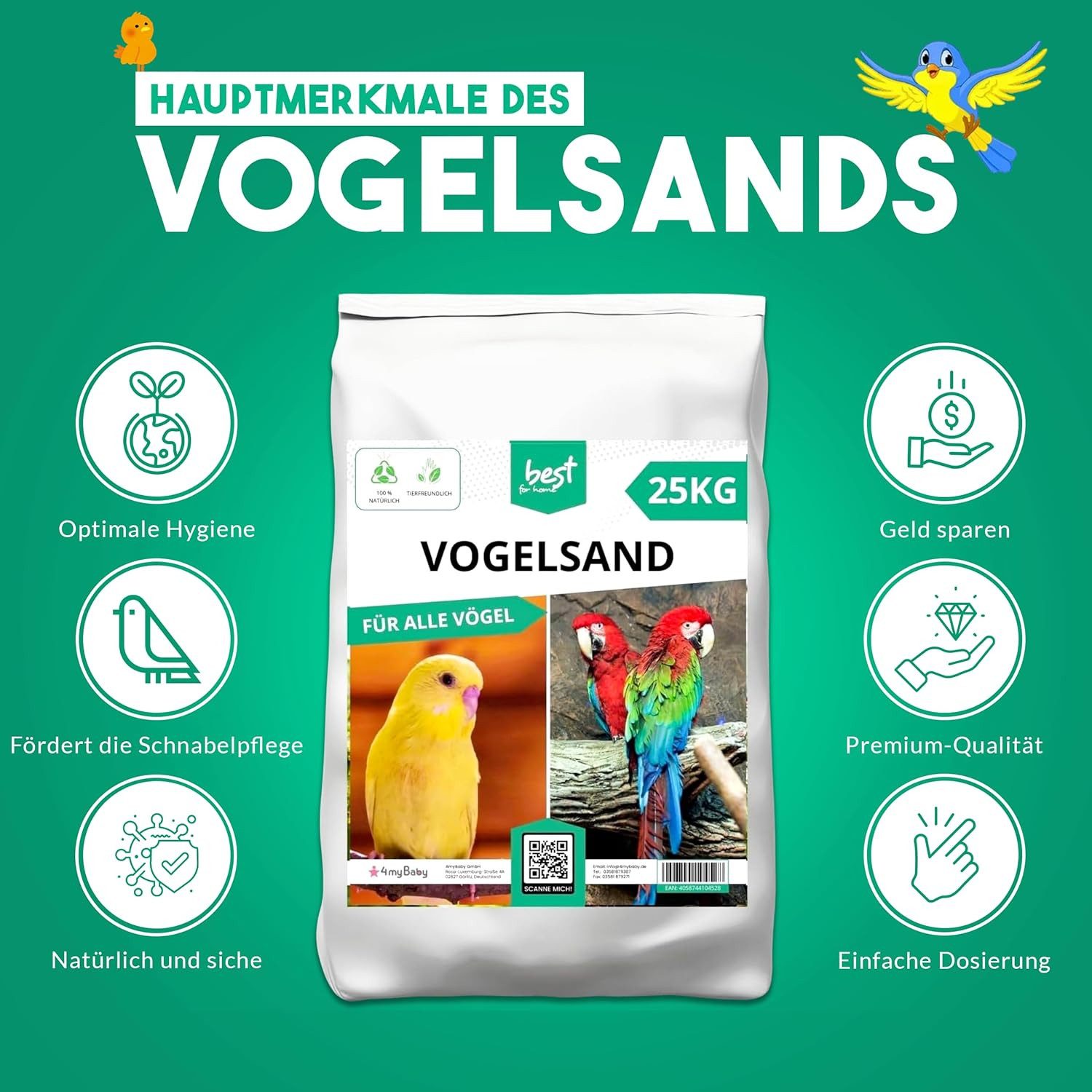 Best for Home Vogelsand 5 kg und 25 kg - Quarzsand für Vogelkäfige, Sand für Käfige