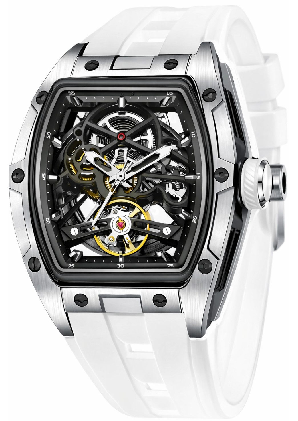 S&T Design Automatikuhr Armbanduhr Herren Uhr Edelstahl Silikon Skelett Skelleton, (inkl. Geschenkbox, Schnalle), Mechanisch 50M Wasserdicht Rechteckig