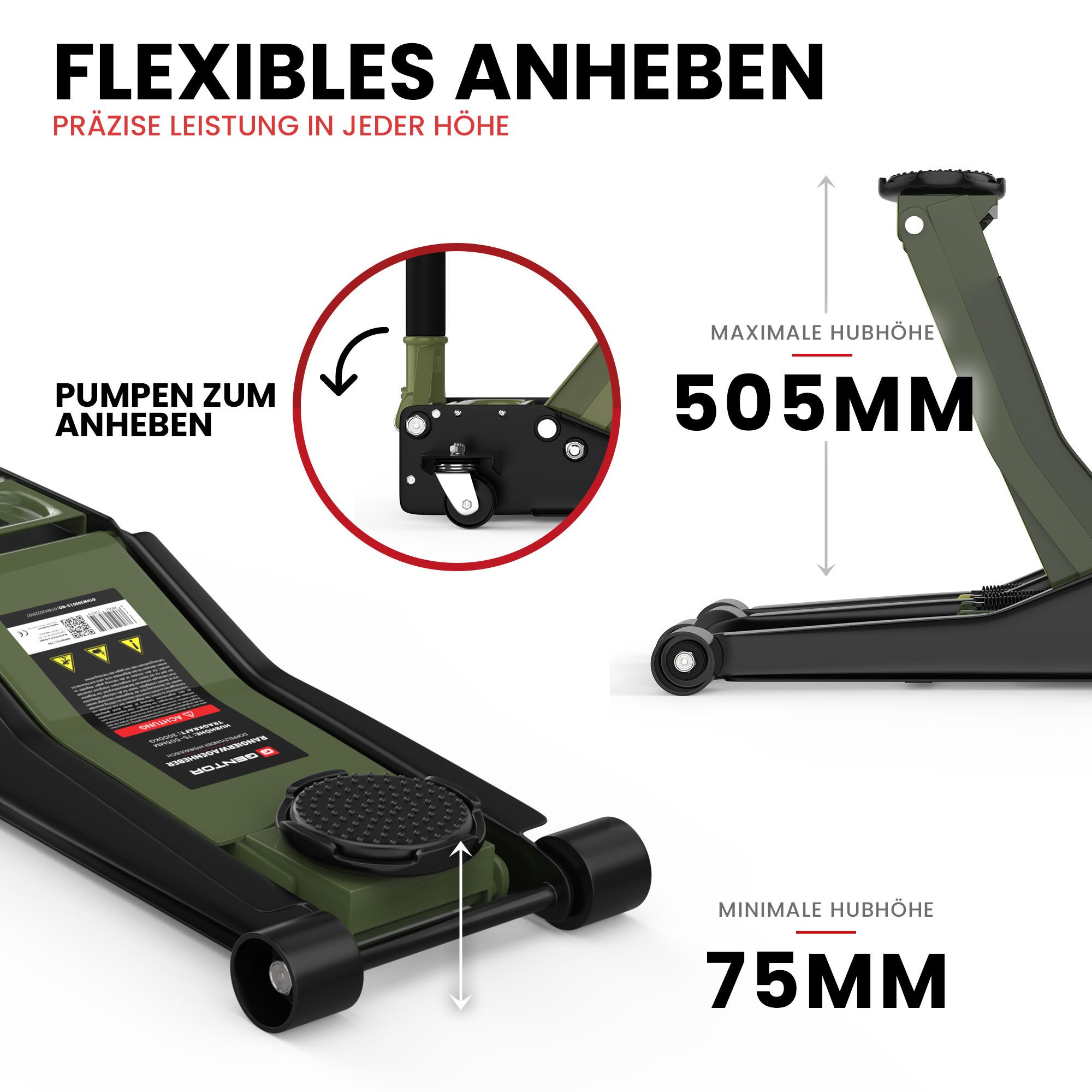 GENTOR Wagenheber Wagenheber hydraulisch 3T flach Rangierwagenheber Autoheber 75-505m, max. Hubhöhe: 50.5 cm, Premium Wagenheber Hydraulisch 3T: Hohe Tragkraft, flach, stabil.