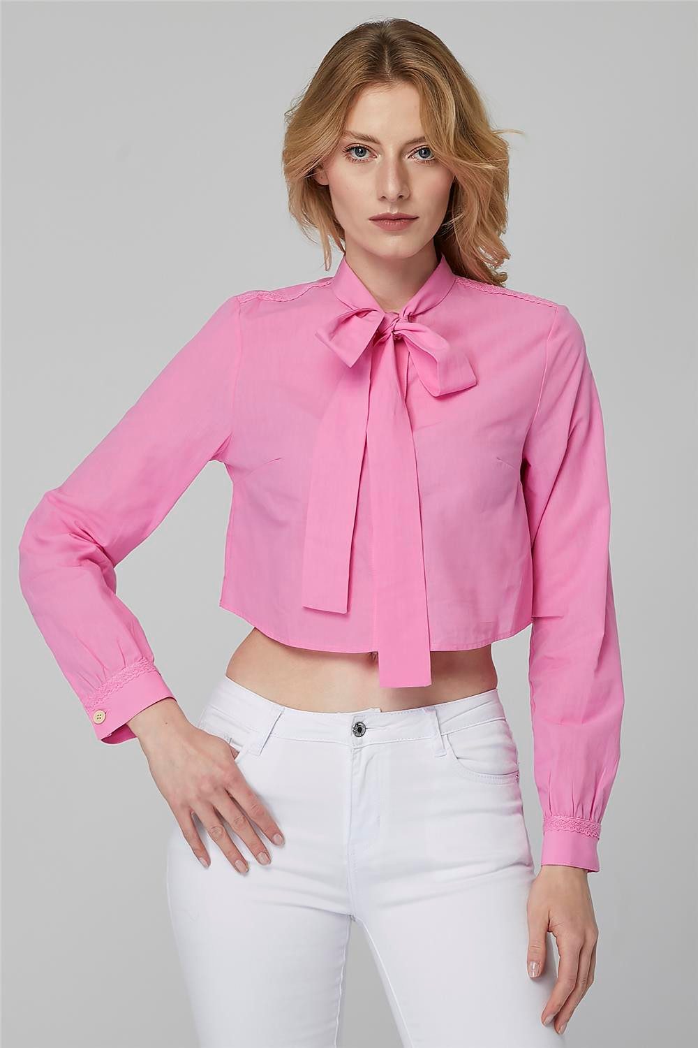 Hemdbluse Kurzschal-Gebundenes Hemd