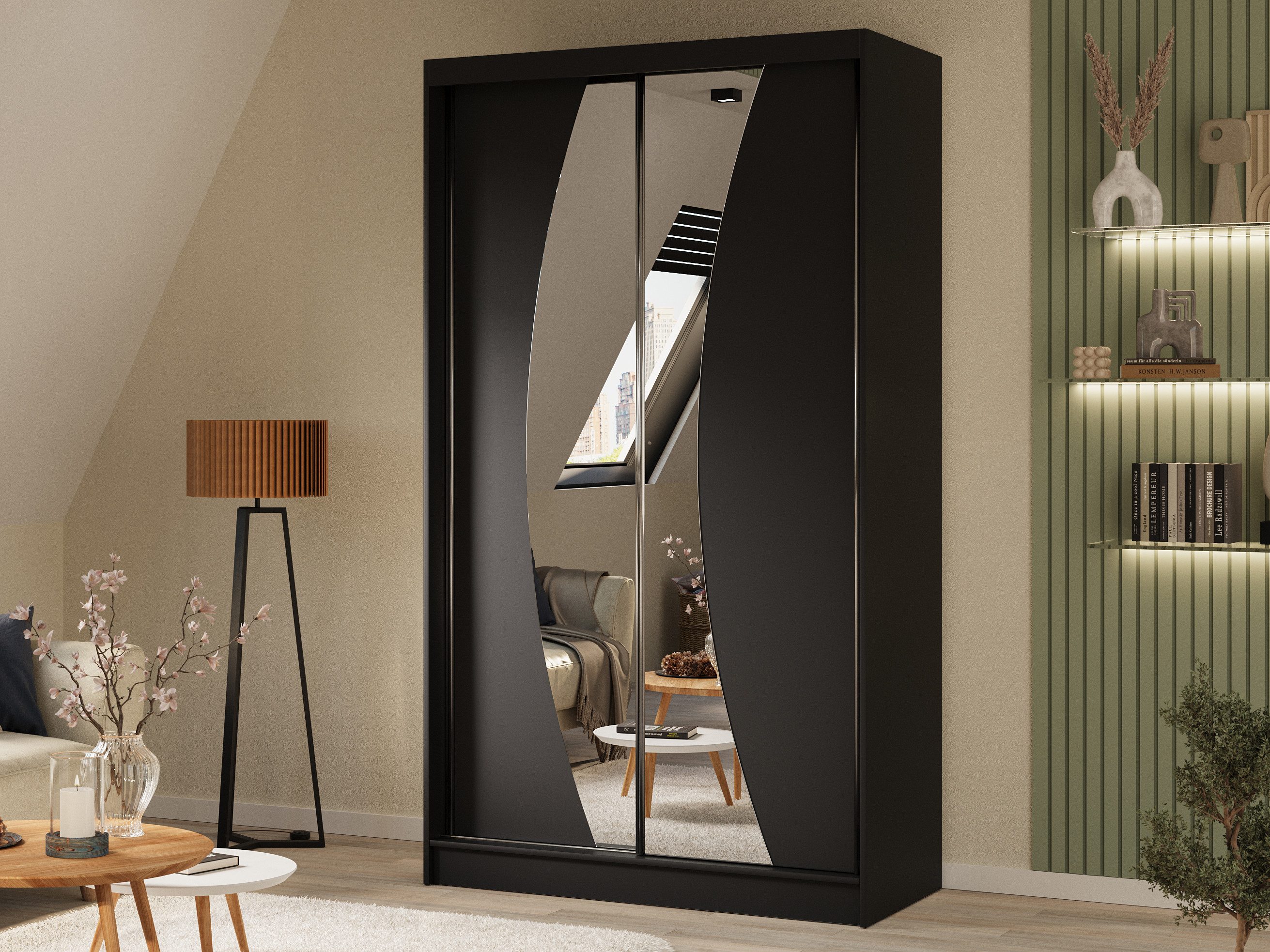 Beautysofa Schiebetürenschrank VOX II mit Spiegel & Schubladen (Schrank modern groß Schiebetüren mit Einlegeböden Kleiderstange, Kleiderschrank Schwebetürenschrank) viele Farben zur Auswahl