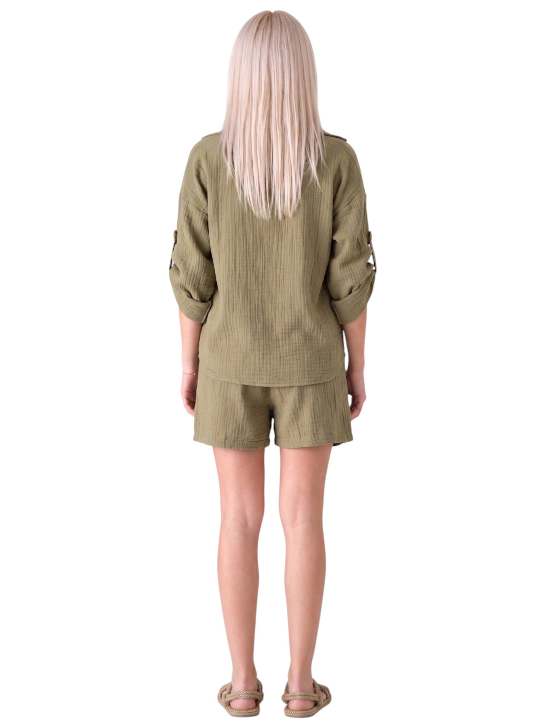 WENOR Schlupfbluse Damen Musselin 100% Baumwolle – Oversize Sommerbluse One Size mit Kokosknopf, Krempelärmel & Seitentaschen – Naturmaterial – Bild 4 von 5