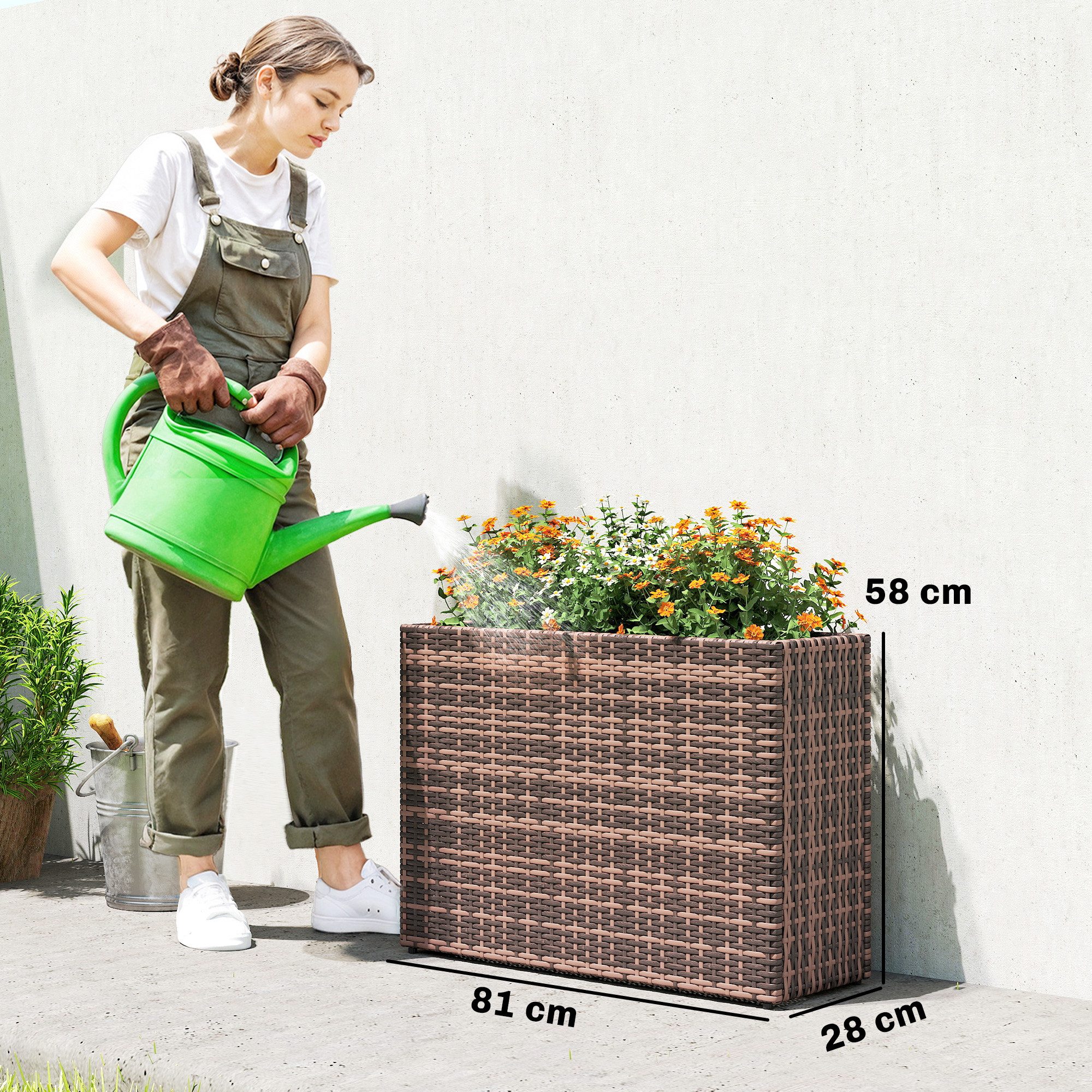 Outsunny Blumenkasten Pflanzkasten mit herausnehmbarem Einsatz (Pflanzkübel, 1 St., Pflanzkasten), PE-Rattan, Stahlrahmen, Drainagelöcher