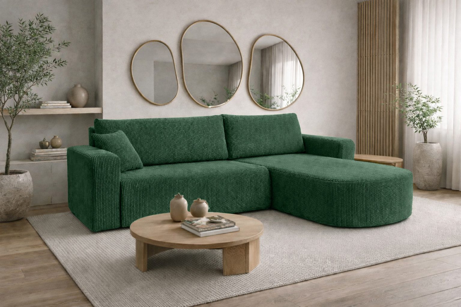 Kaiser Möbel Ecksofa mit Schlaffunktion für Wohnzimmer, Cordstoff Poso, ROUND ONE XL, XL-Format, abgerundete Form, Liegefunktion, Stauraum