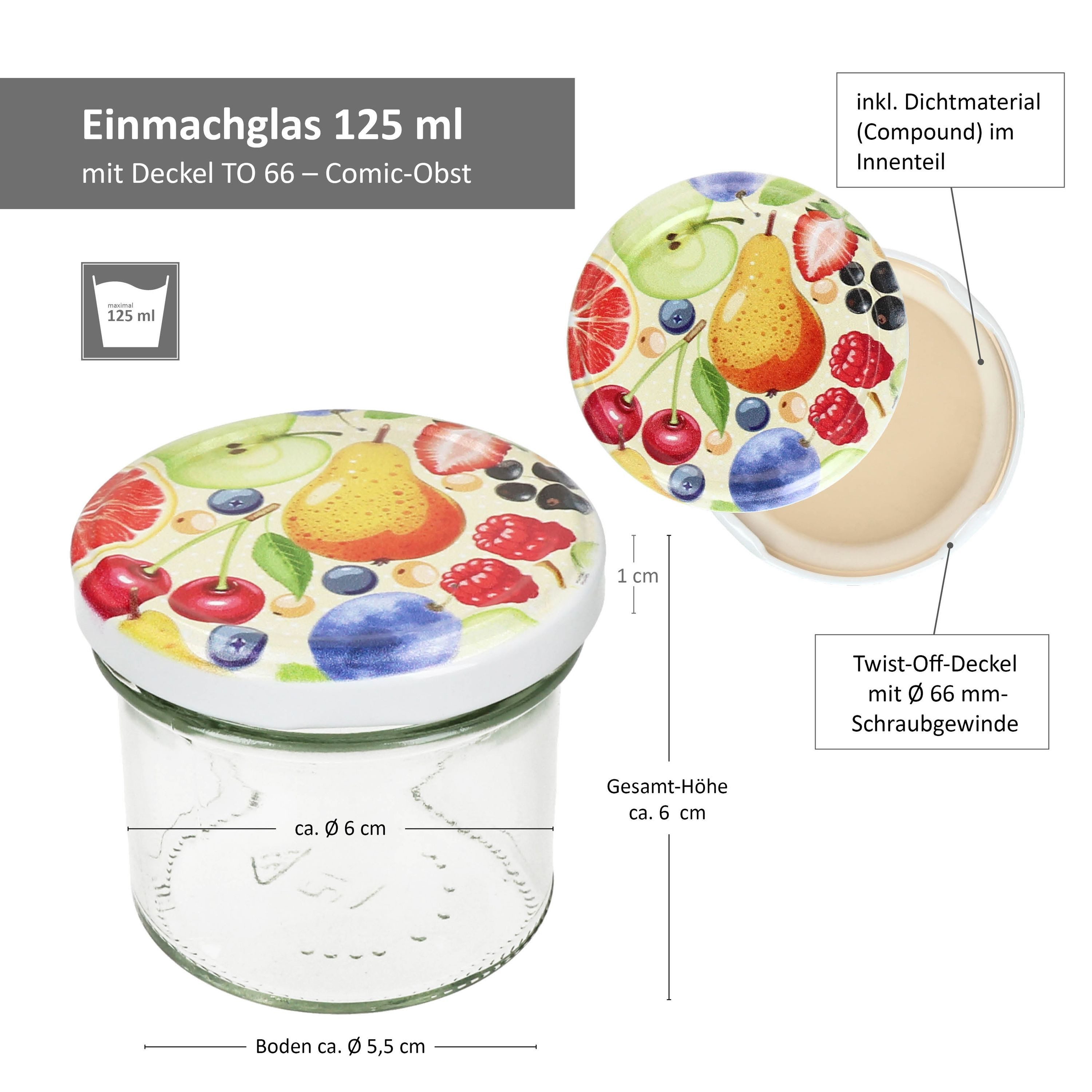 MamboCat Einmachglas 100er Set Sturzglas 125ml Einmachglas TO66 Comic-Obst Deckel, Glas