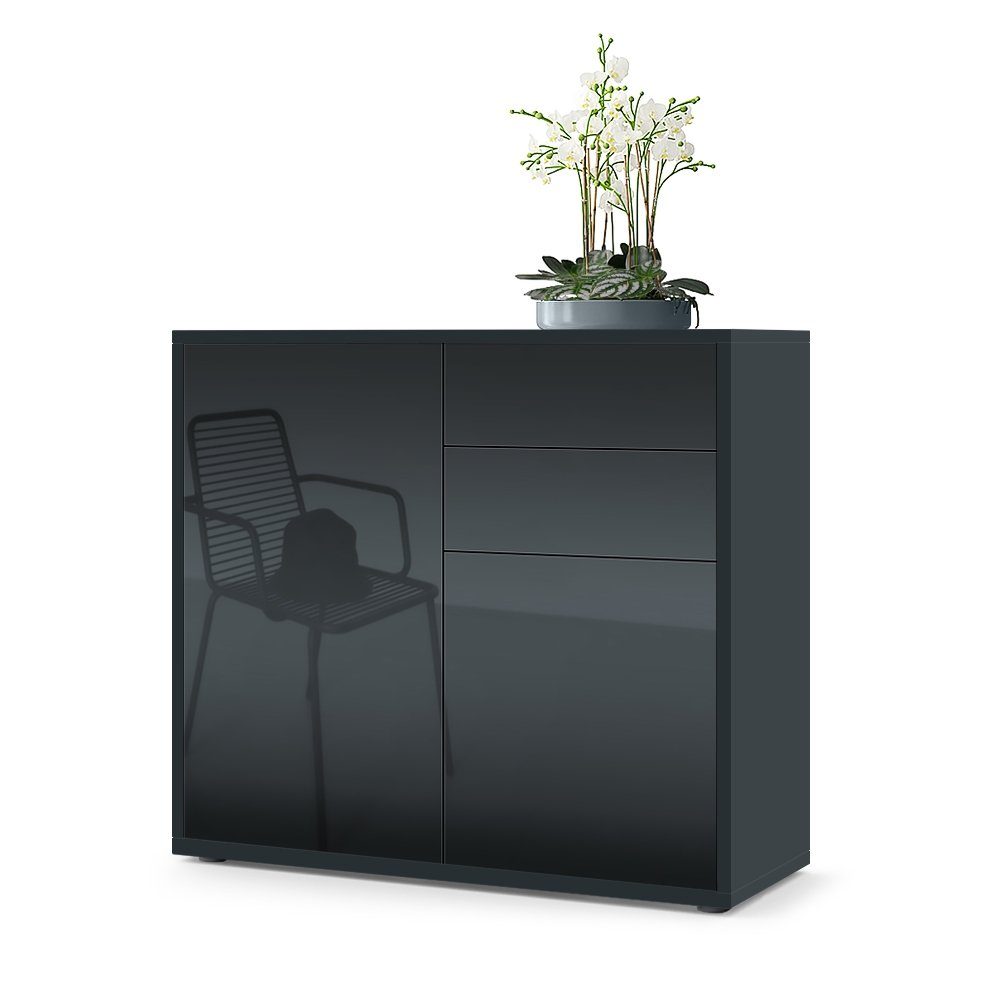 Vladon Kommode Ben V1 (Kommode, mit 2 Türen und 2 Schubladen), Schwarz matt/Schwarz Hochglanz (79 x 74 x 36 cm)