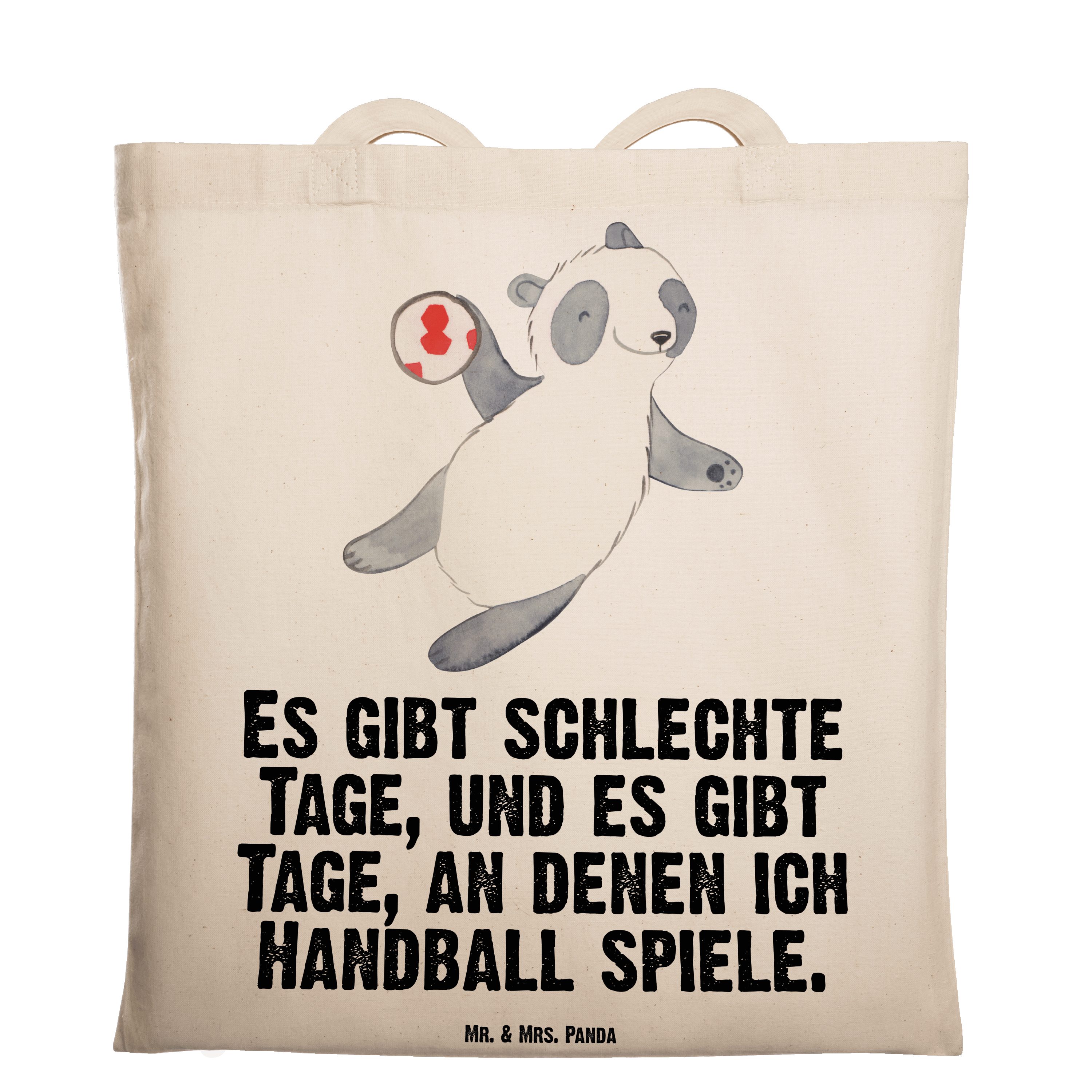 Mr. & Mrs. Panda Tragetasche Panda Handball spielen Tage - Transparent - Geschenk, Beuteltasche, E (1-tlg)