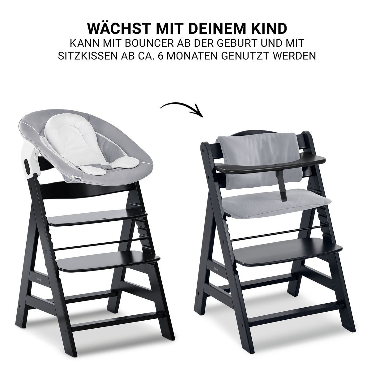 Hauck Hochstuhl Alpha Plus Black Newborn Set - Stretch Grey (Set), Holz Babystuhl ab Geburt inkl. Aufsatz für Neugeborene & Sitzauflage