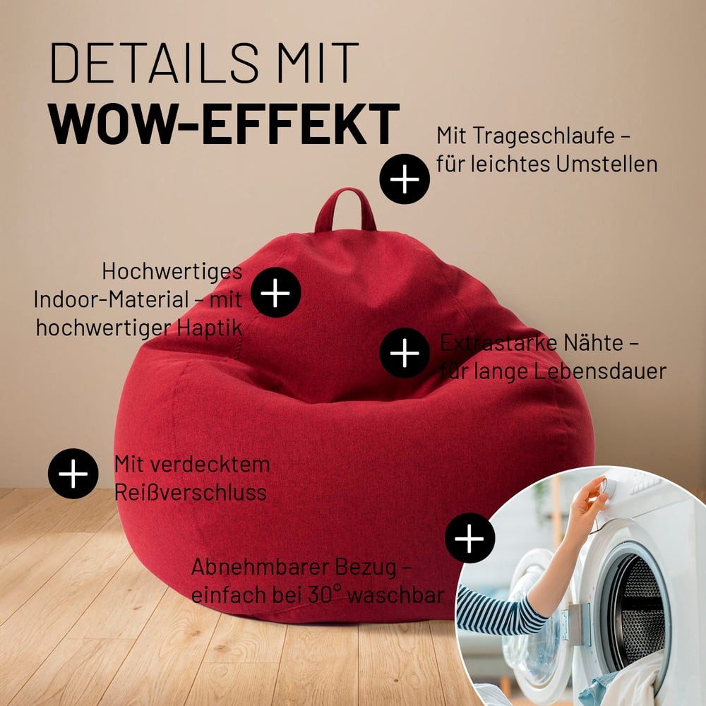 Lumaland Sitzsack LUMALAND Comfort Line Sitzsack L, 185 L - bequemer Indoor Sofa Sessel, Pouf separat erhältlich - Bean Bag mit Füllung - XXL Lounge Sitzkissen – Bild 5 von 5